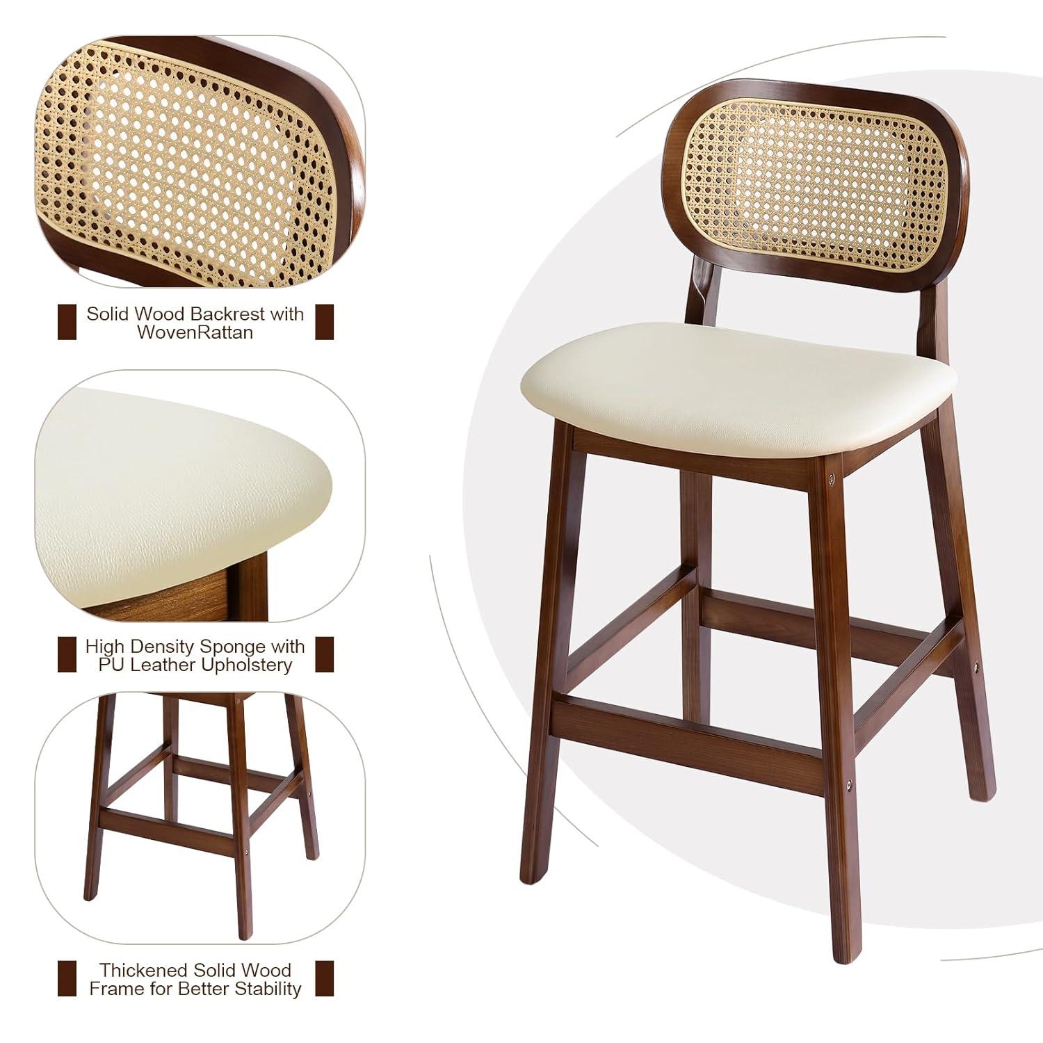 Lucky Monet Wood Upholstered Counter Height Bar Stools with Rattan Back - 36.81"H x 17.72"W x 18.7"D Set of 2 - White Faux Leather/ Brown Frame