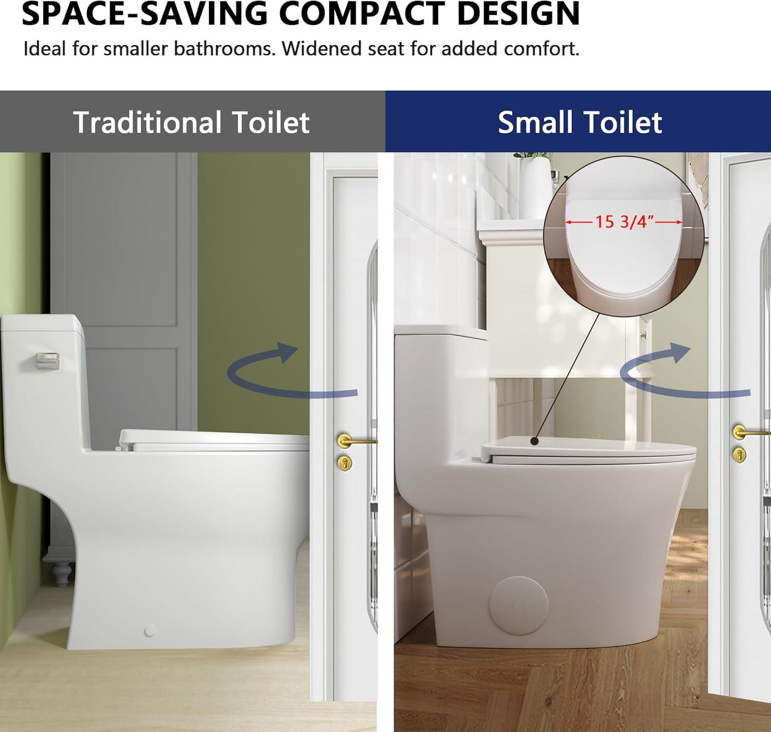 DeerValley Compact One Piece Toilet Elongated, Modern Toilet with Soft Close Seat Ceramic Glossy for Small Bathroom Space