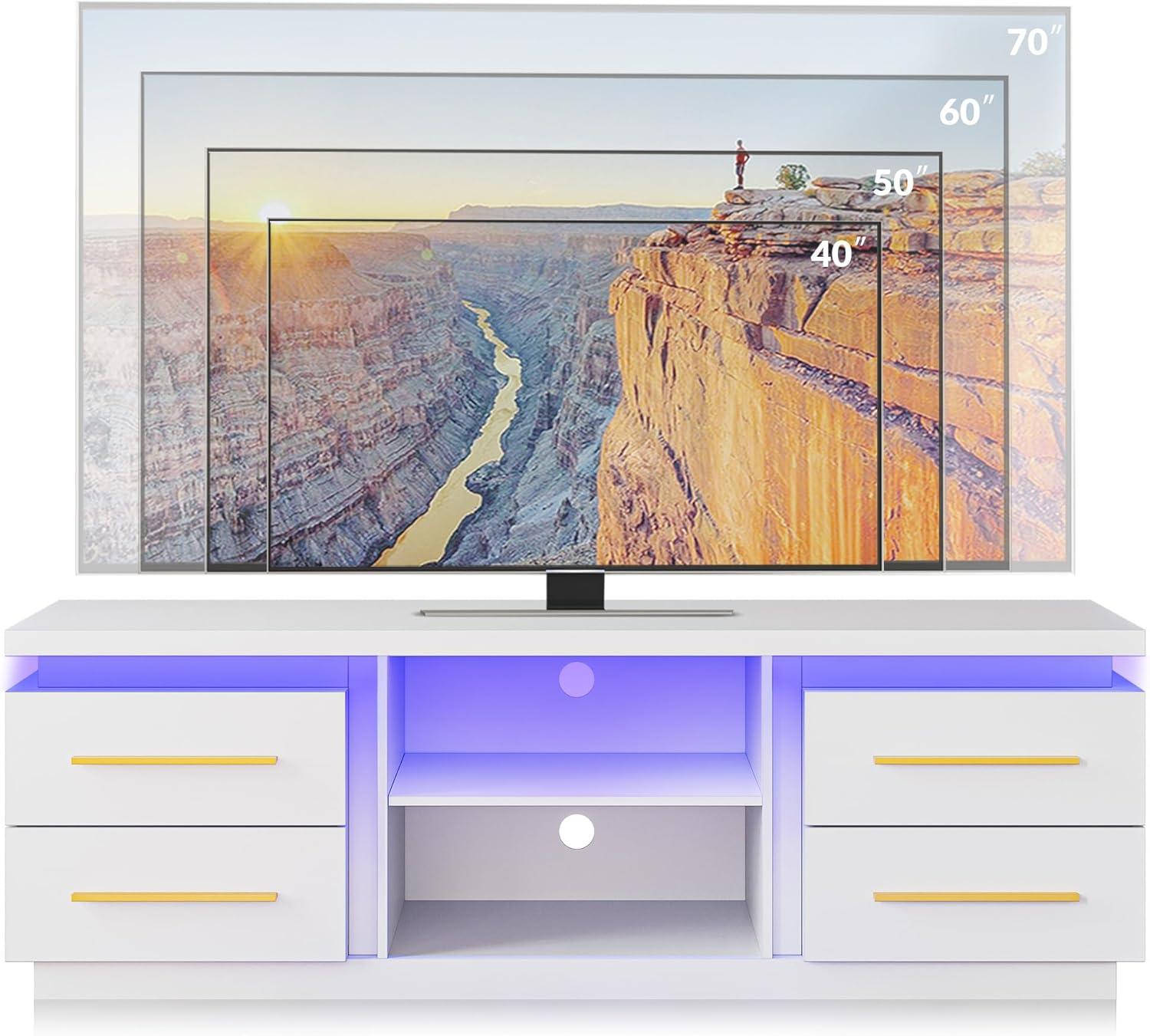 BELLEZE 66" TV Stand for TVs Up to 75", Entertainment Center with Music Sync LED Lights, Media Console Table Storage Cabinet with Open Shelves & Drawers for Living room, Bedroom - Hawthorn (White)