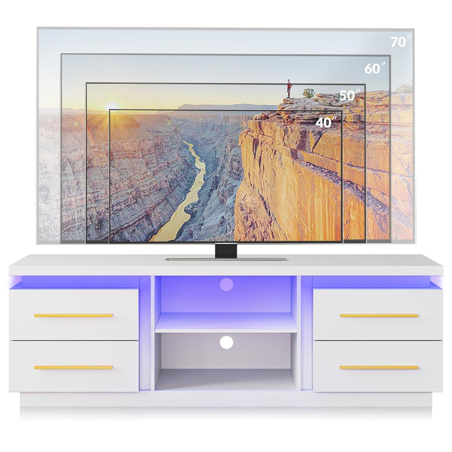 BELLEZE 66" TV Stand for TVs Up to 75", Entertainment Center with Music Sync LED Lights, Media Console Table Storage Cabinet with Open Shelves & Drawers for Living room, Bedroom - Hawthorn (White)