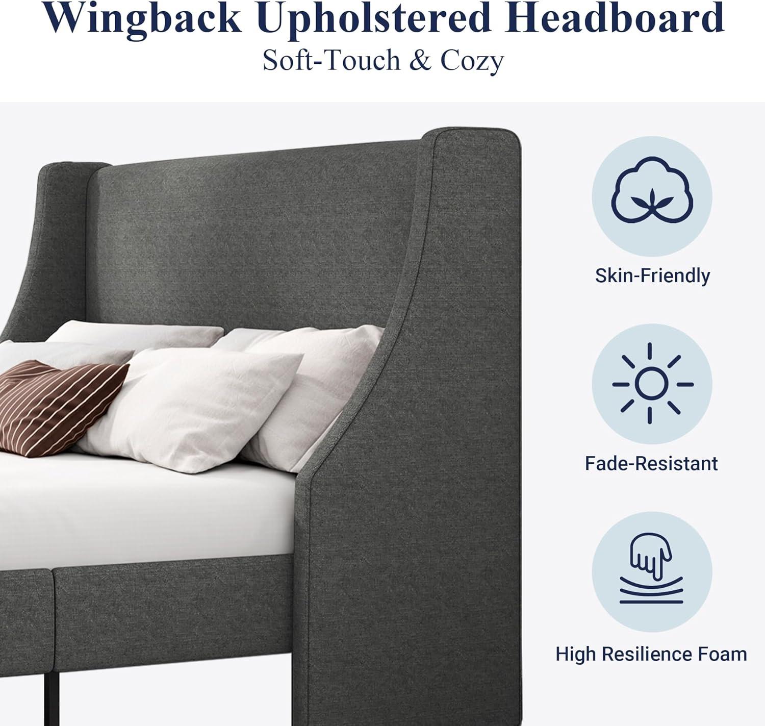 Allewie Base de Cama con Plataforma Tapizada en Tela de Tamaño Full con Cabecera con Respaldo Lateral, Gris Oscuro
