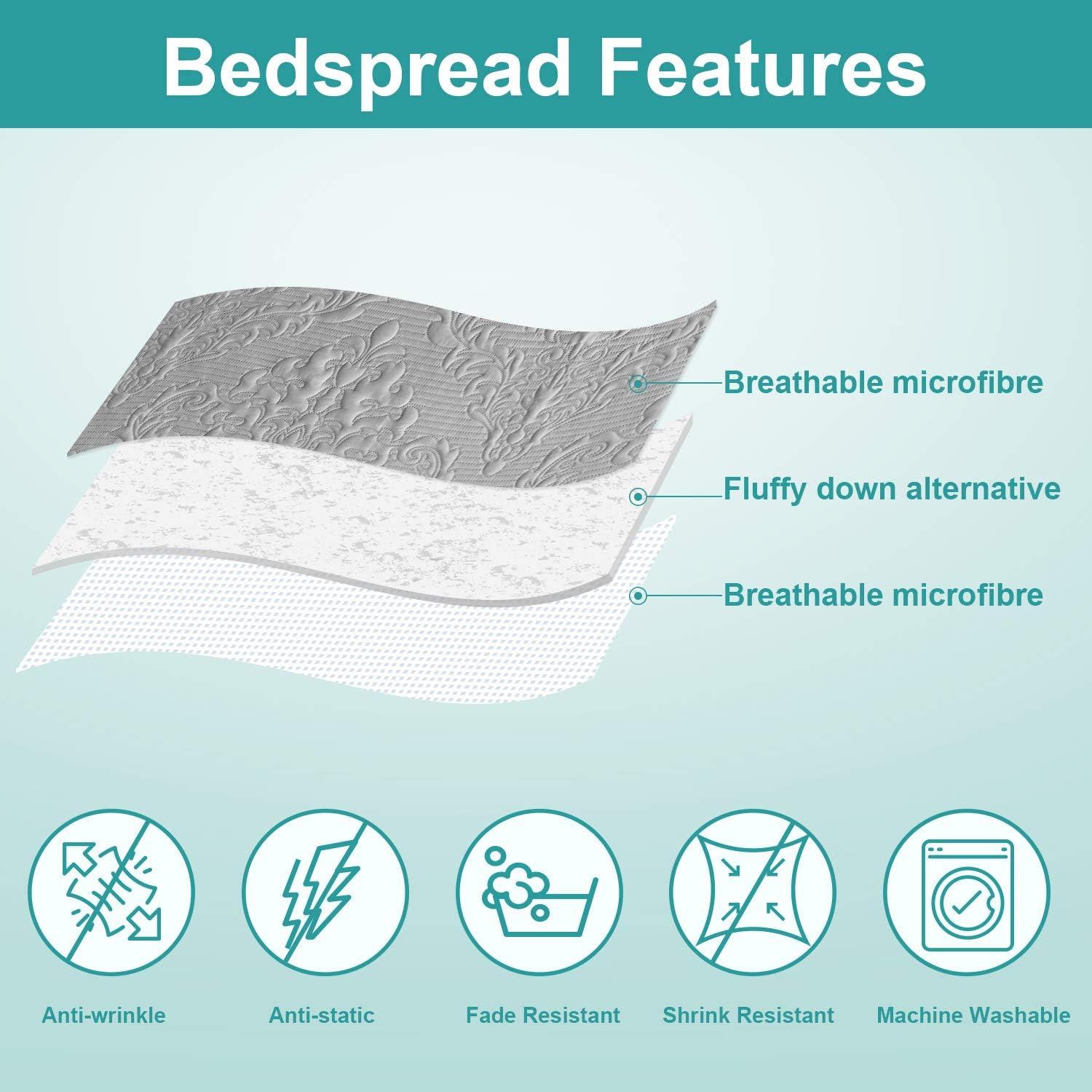 Hansleep Grey Quilt Queen Size - Damask Ultrasonic All Season Bedspread Queen, Soft Lightweight Coverlet Bedding Set, 3 Pieces (1 Quilt, 2 Pillow Shams)