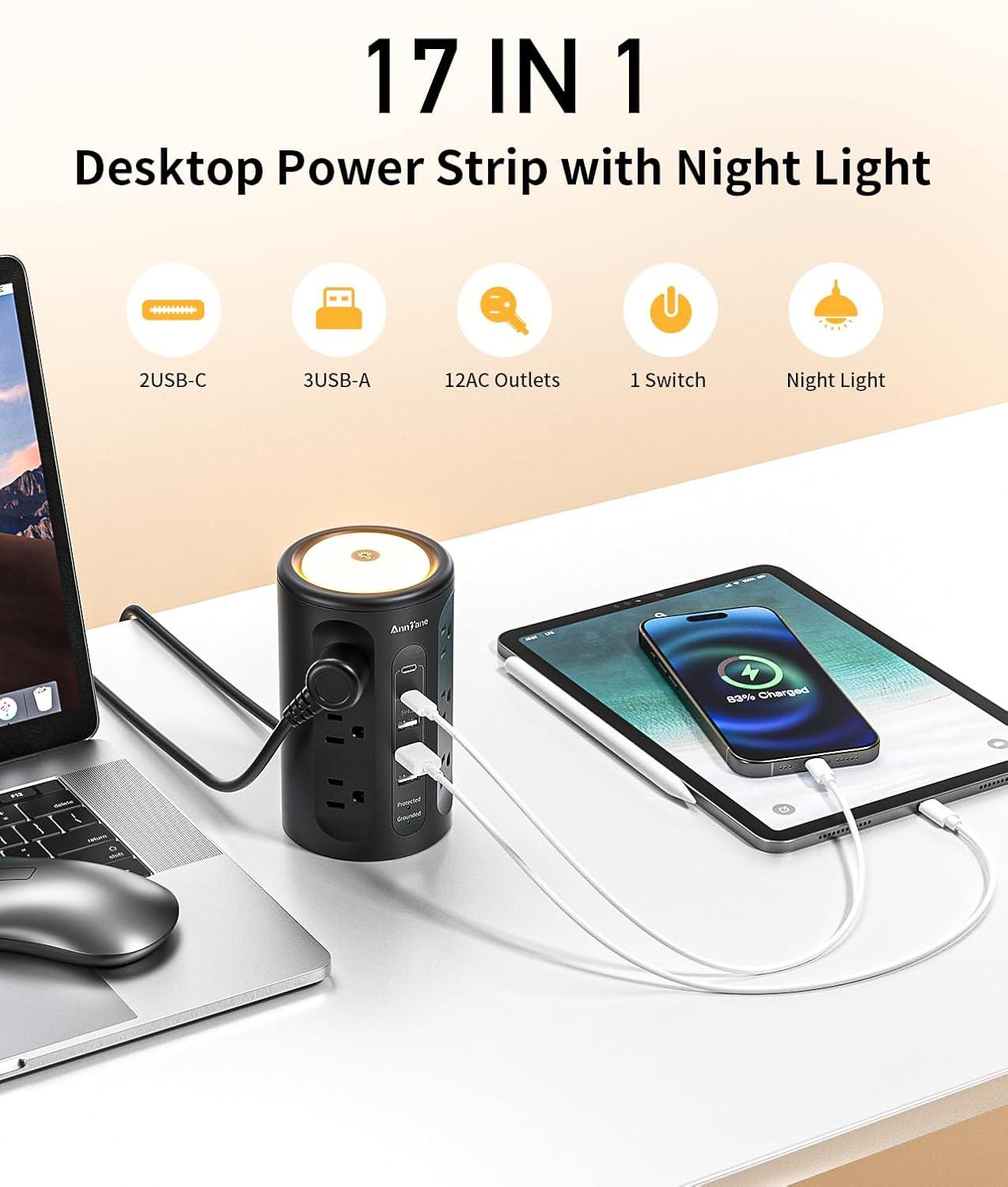 Power Strip Tower with Night Light, Power Strip Surge Protector with USB Ports, Extension Cord 10 FT with Multiple Outlets (12AC+3A+2C) for Home Office Desk DormRoom (Black)