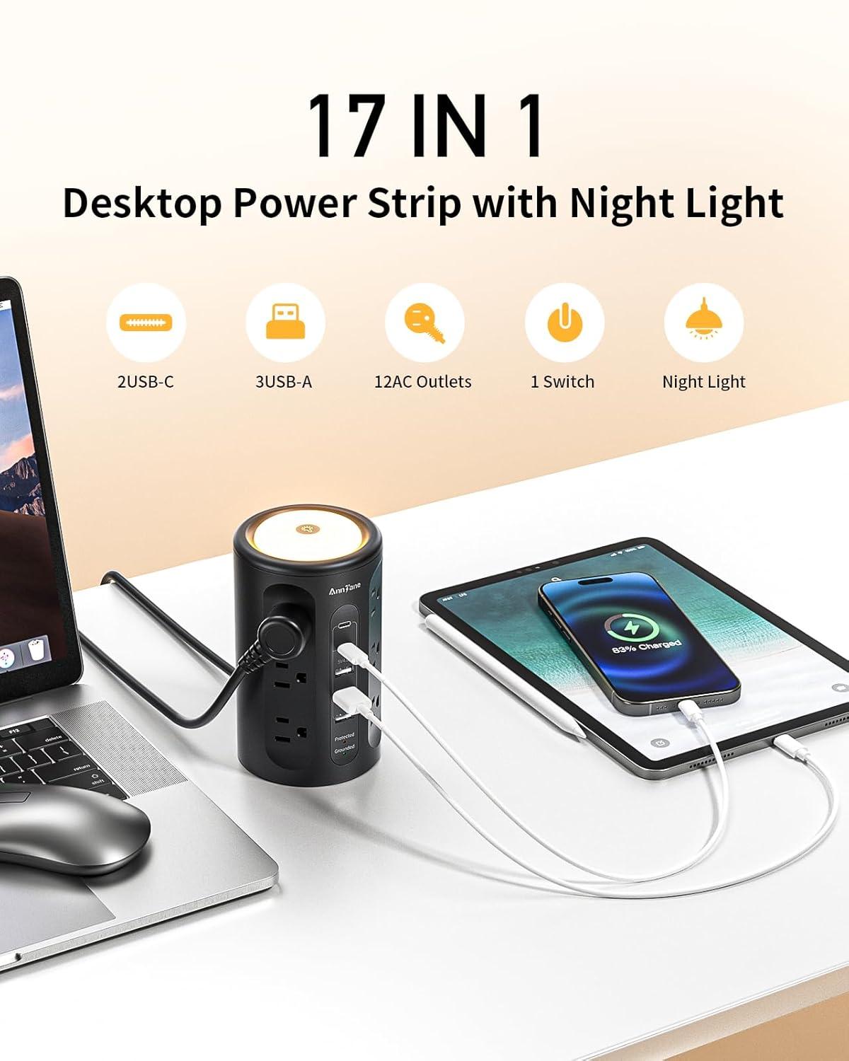 Power Strip Tower with Night Light, Power Strip Surge Protector with USB Ports, Extension Cord 10 FT with Multiple Outlets (12AC+3A+2C) for Home Office Desk DormRoom (Black)