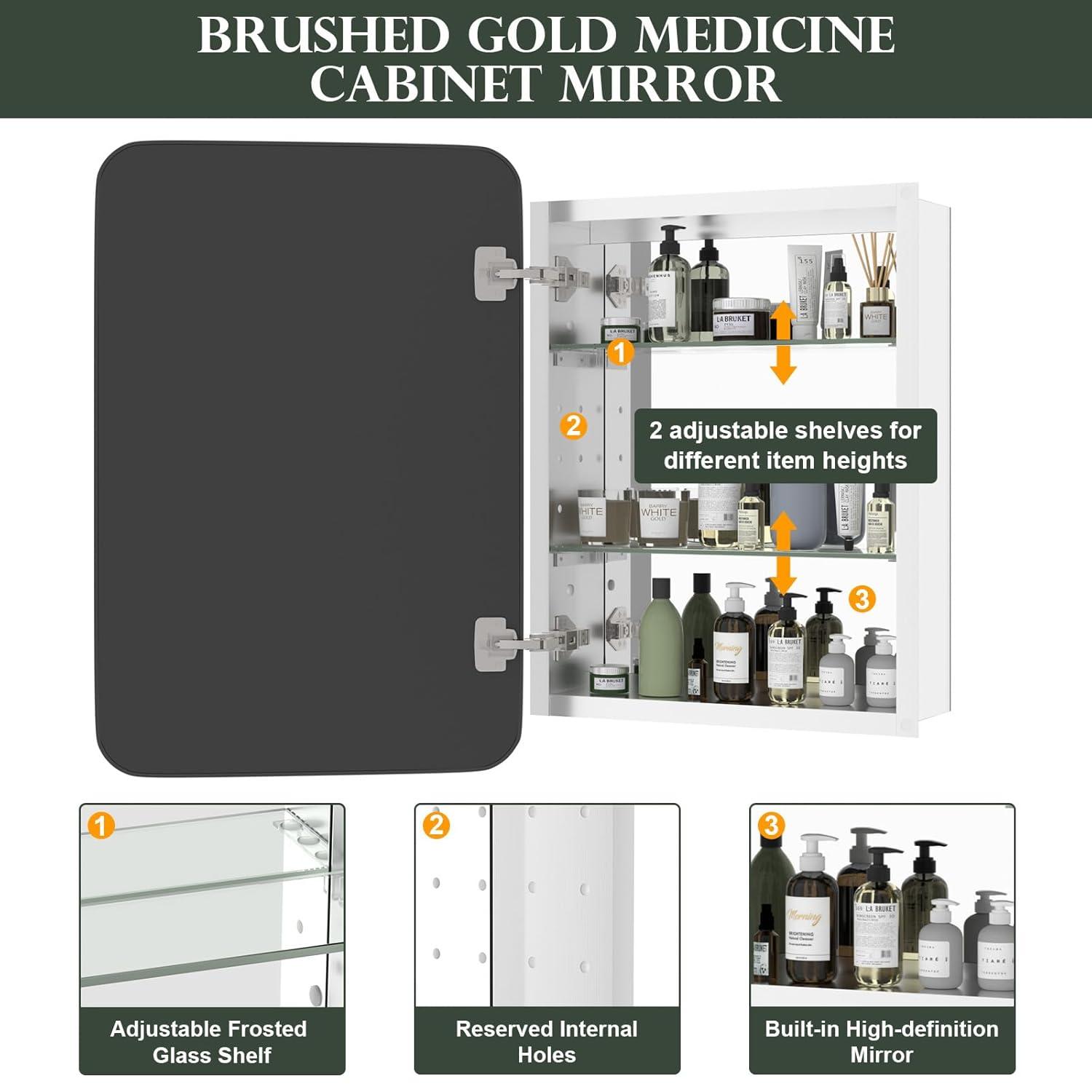 Bathroom Medicine Cabinet With Mirror, 16X24 Inch Gold Recessed Medicine Cabinet With Round Corner Aluminum Alloy Metal Framed, Single Door Modern Medicine Cabinet With Storage