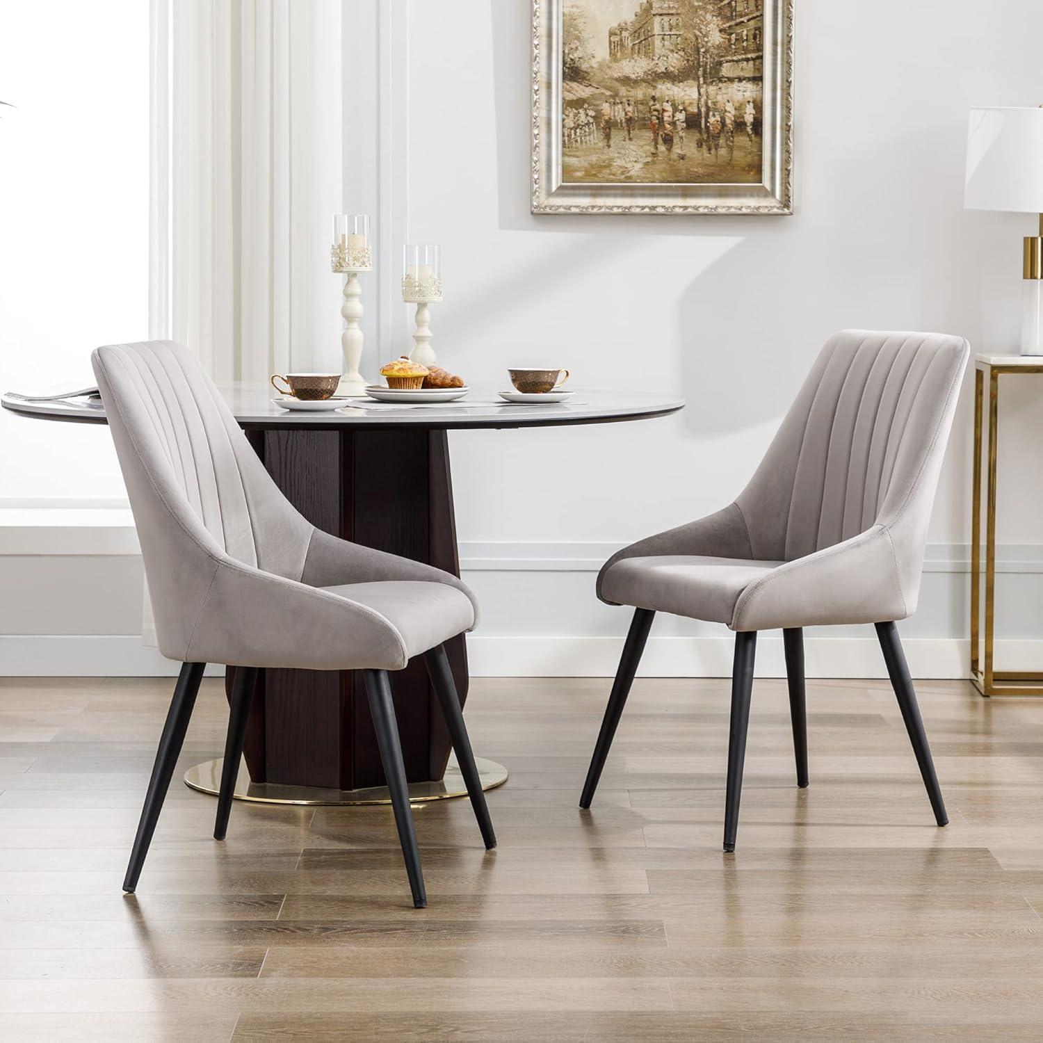 Set of 2 Gray Velvet Upholstered Dining Chairs with Metal Legs