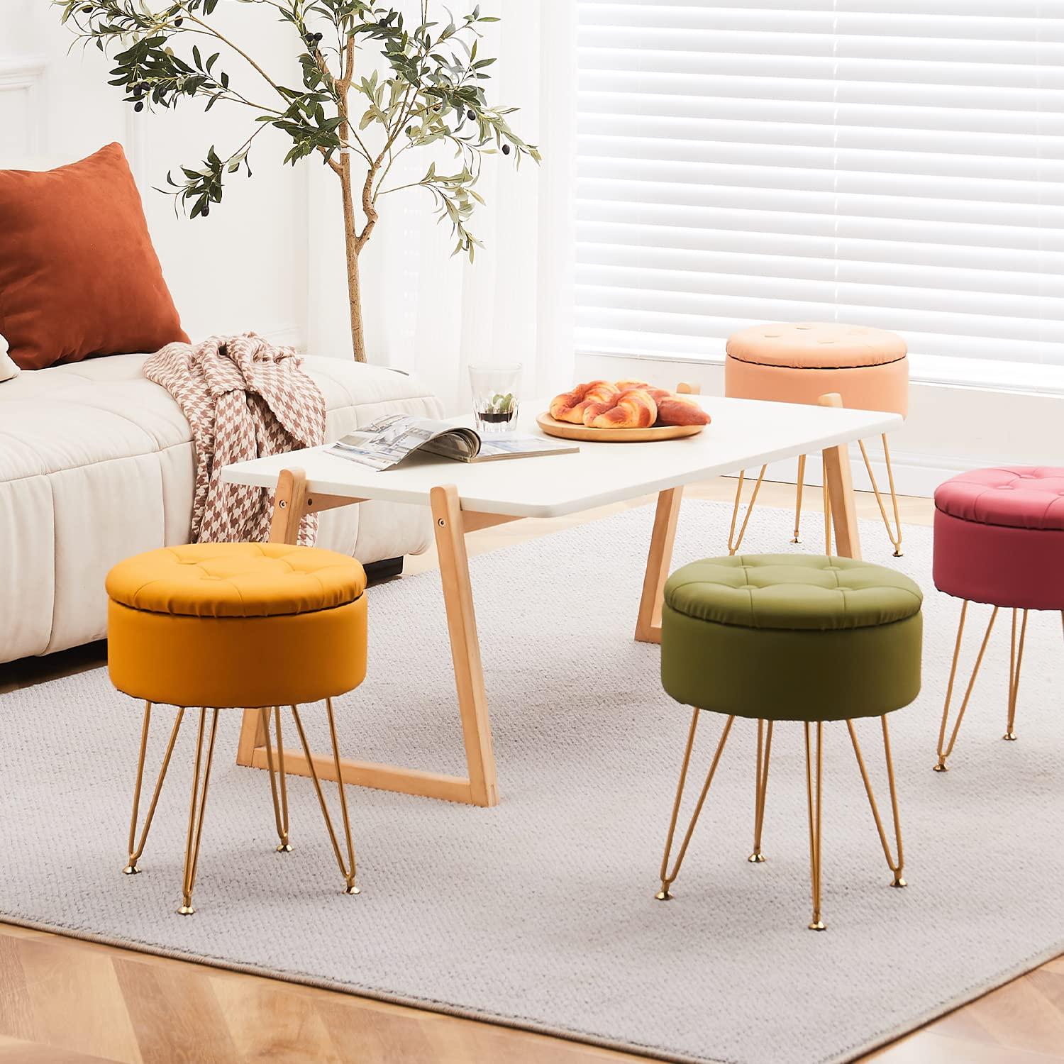 Cpintltr Storage Ottoman Oil Wax Faux Leather Round Footrest Stool Multifunctional Upholstered Ottoman with Metal Legs Modern Vanity Stools Tray Top Coffee Table for Living Room Bedroom White
