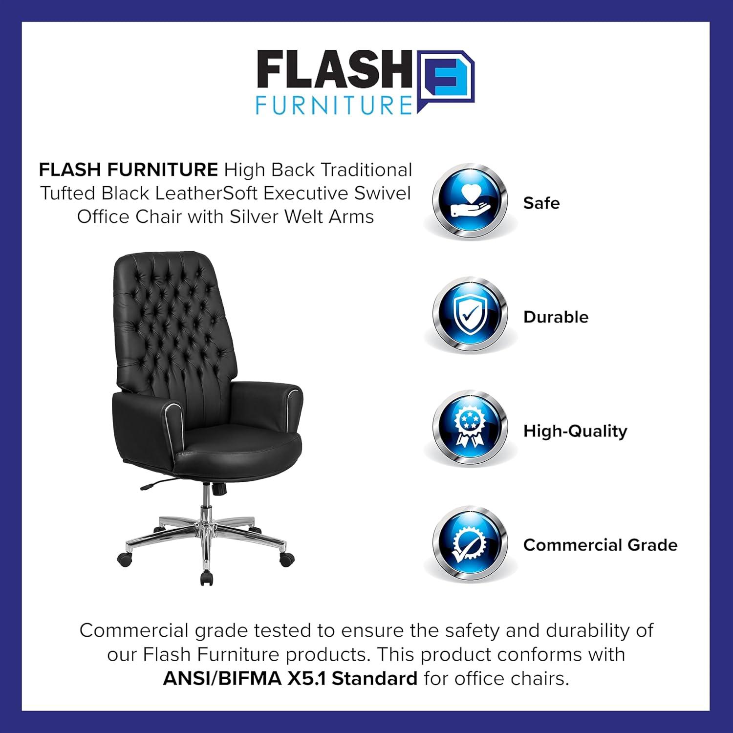 Flash Furniture Hansel High Back Traditional Tufted Black LeatherSoft Executive Swivel Office Chair with Silver Welt Arms