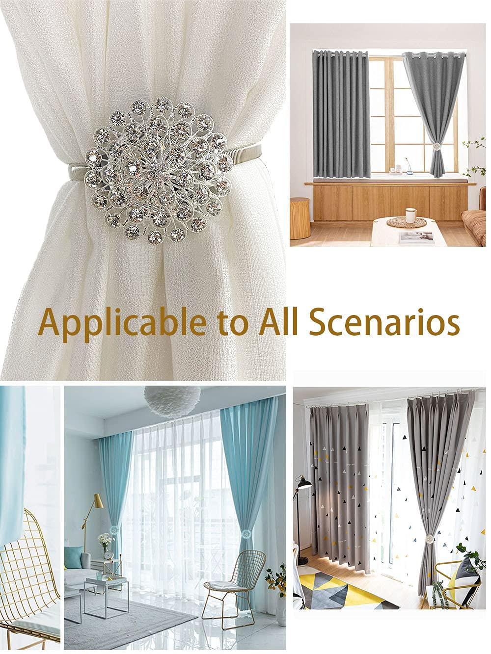 Magnetic Curtain Holdbacks Magnetic Tiebacks for Curtains, 2 Pack Sparkling Crystal Flower Curtain Tiebacks Curtain Buckle Clips with High-Elastic Spring Wire for Home Office