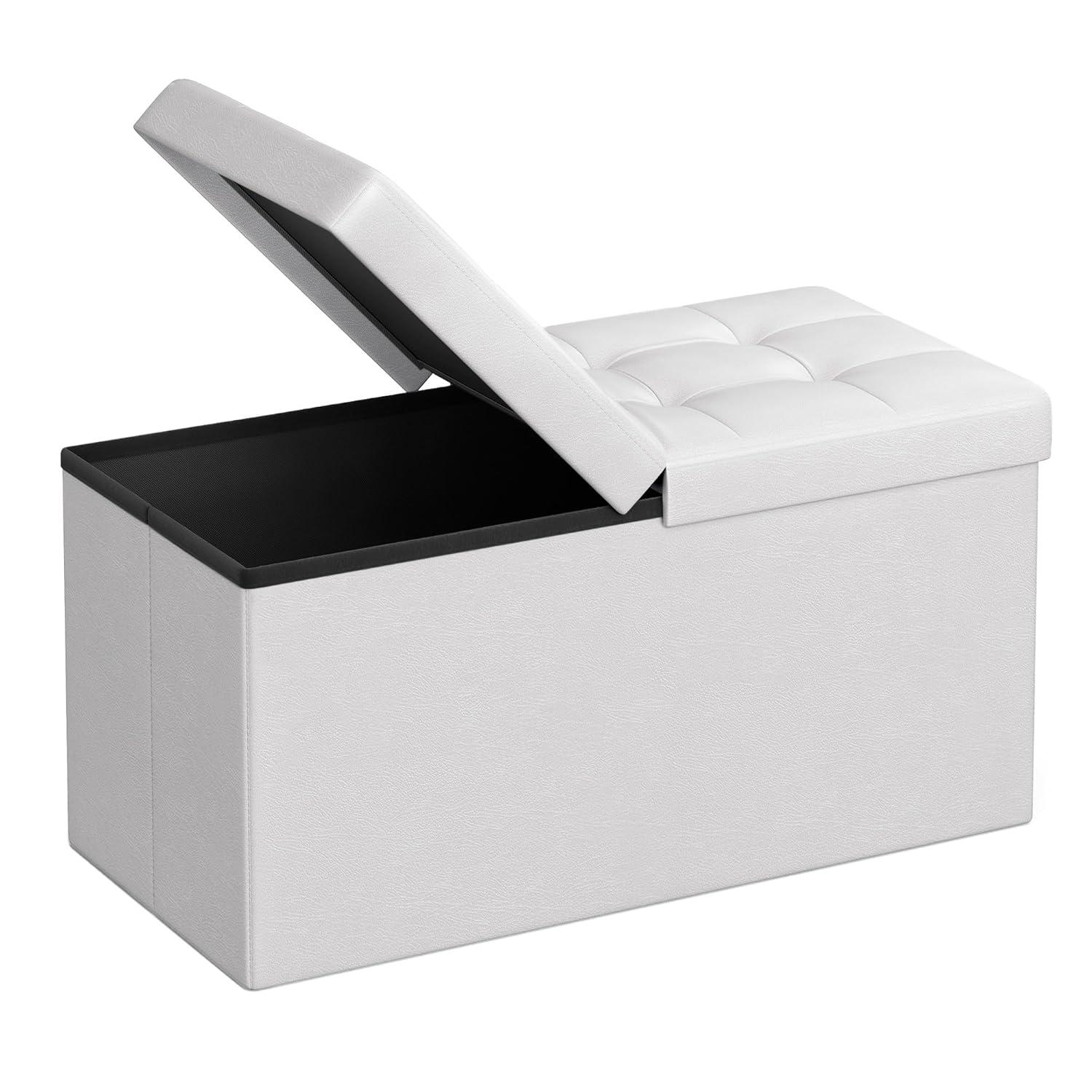 SONGMICS 30 Inches Folding Storage Ottoman Bench with Flipping Lid White
