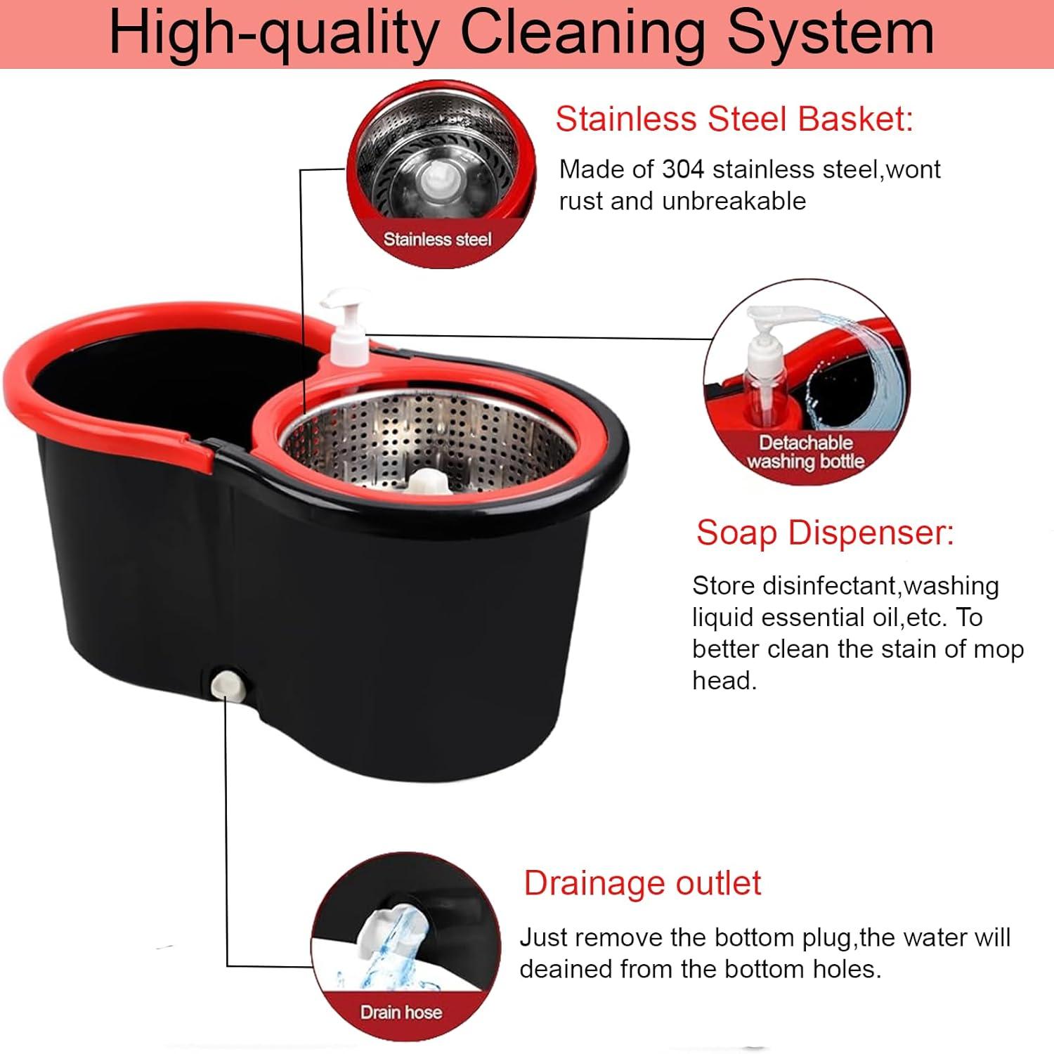 Spin Mop and Bucket Set, 360° Spin Mop and Bucket with Wringer Set and 3 Microfiber Mop Replacement Heads Refills, 61" Stainless Steel Extended Handle Spinning Mop Bucket System for Floor Cleaning