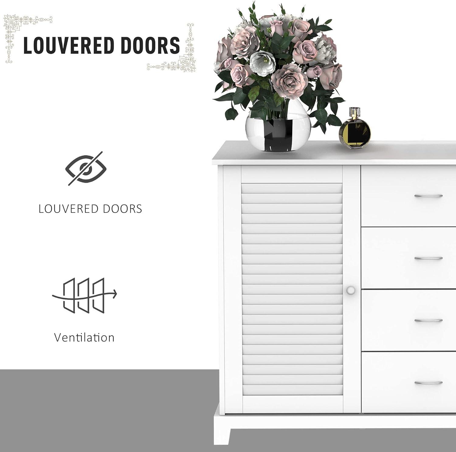 HOMCOM Sideboard Buffet Cabinet, Kitchen Cabinet, Coffee Bar Cabinet with 4 Drawers and 2 Louvered Doors for Living Room, Kitchen, White