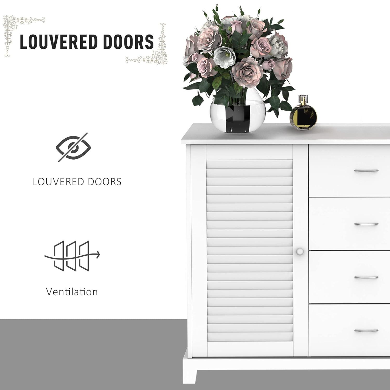 HOMCOM Sideboard Buffet Cabinet, Kitchen Cabinet, Coffee Bar Cabinet with 4 Drawers and 2 Louvered Doors for Living Room, Kitchen, White