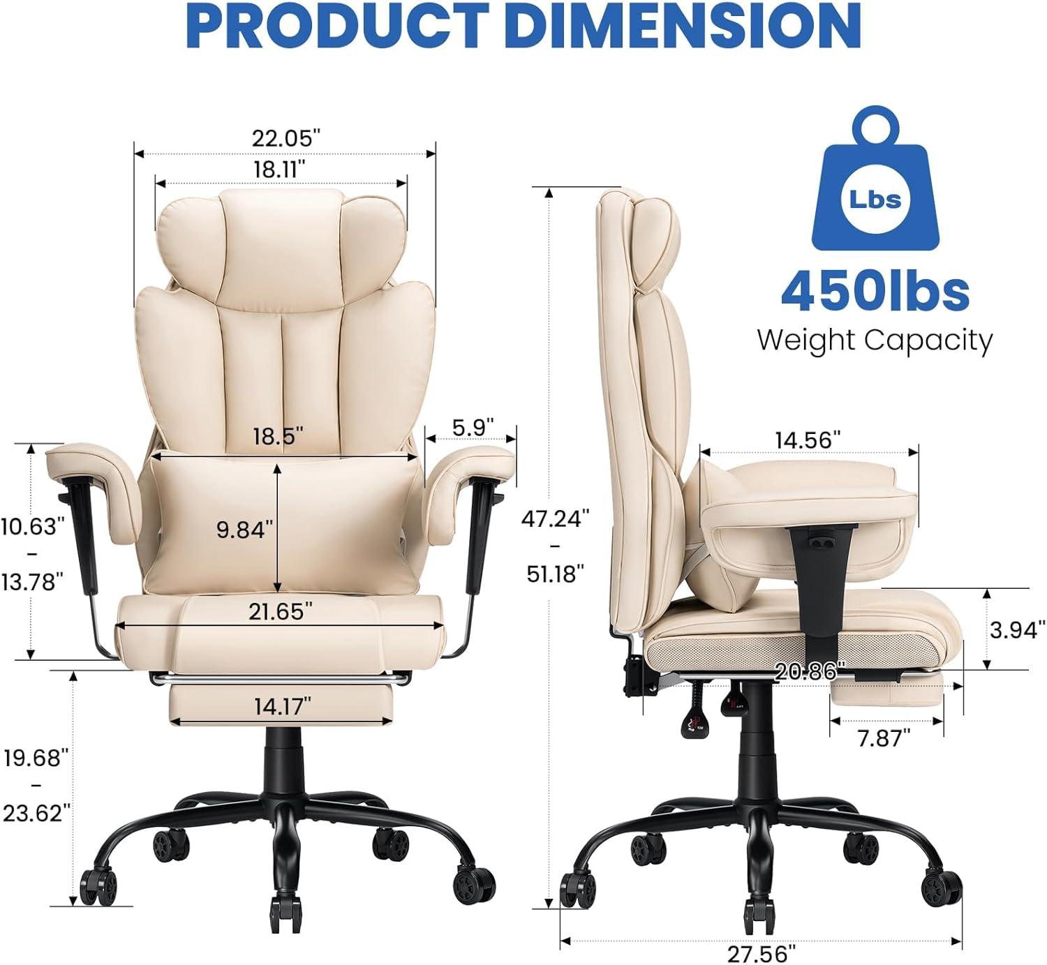 Hoffree Big and Tall Office Chair 450lbs, Executive Computer Desk Chair with Massage Ergonomic  Leather Chair with Footrest Reclining Desk Office Chair with Lumbar Support for Home Office