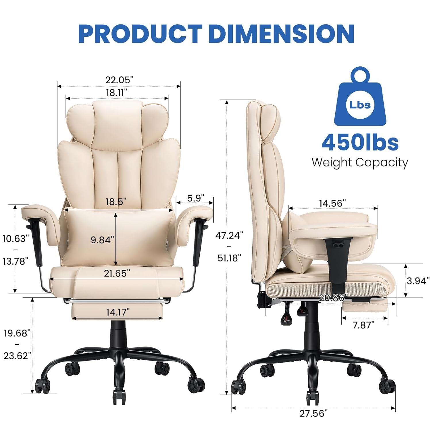 Hoffree Big and Tall Office Chair 450lbs, Executive Computer Desk Chair with Massage Ergonomic  Leather Chair with Footrest Reclining Desk Office Chair with Lumbar Support for Home Office
