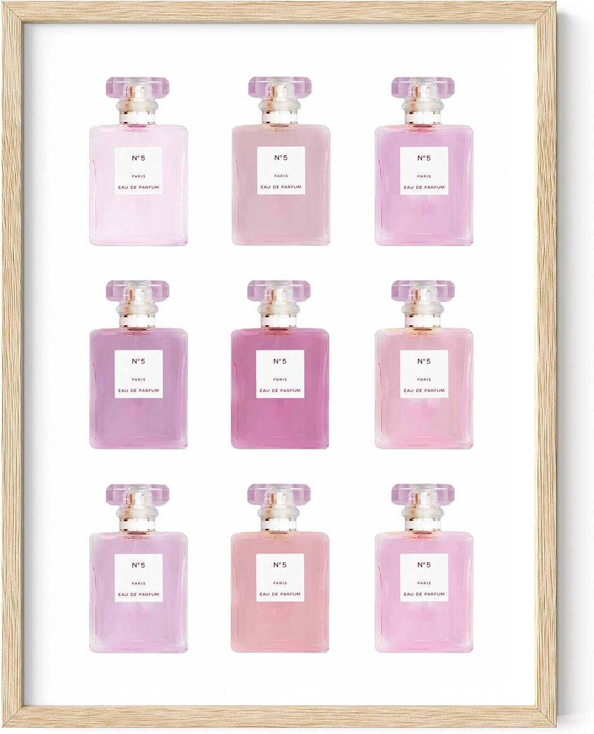 HAUS AND HUES Wall Art Eau De Parfum | Blush Pink Wall Decor Fashion Wall Art for Women Pink Wall Art for Bedroom Vanity Room Wall Art | BEIGE FRAMED 12” x16”