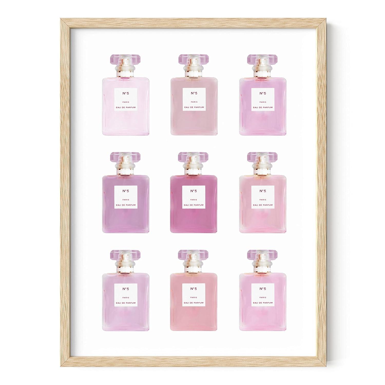 HAUS AND HUES Wall Art Eau De Parfum | Blush Pink Wall Decor Fashion Wall Art for Women Pink Wall Art for Bedroom Vanity Room Wall Art | BEIGE FRAMED 12” x16”