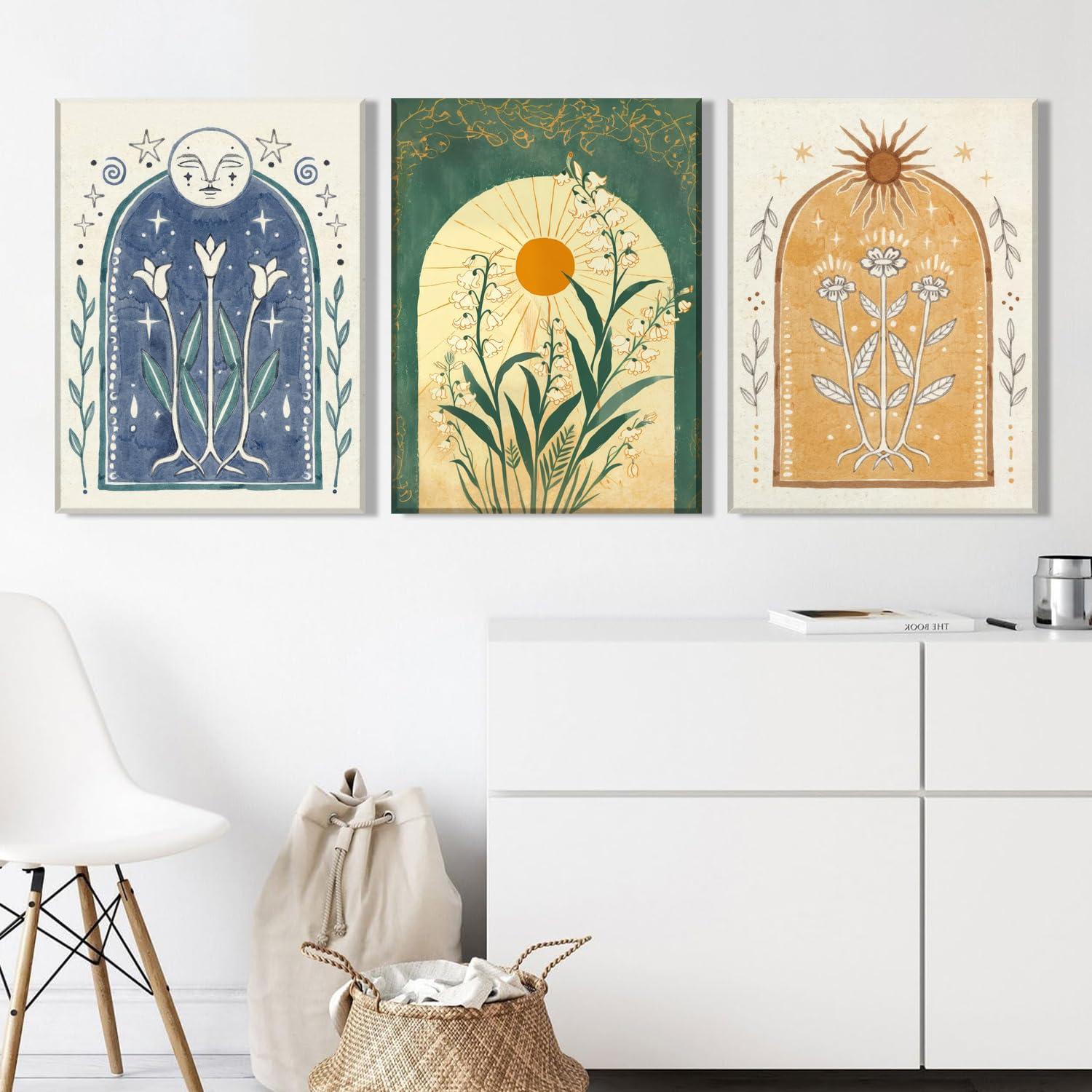 Lark Manor™ 3 Pieces Minimalism Botanical Canvas Wall Art Pink Flowers Line Plants Pictures Wall Decor Posters Print Artwork For Room Living Room Bedroom Bathroom Office Home Decoration