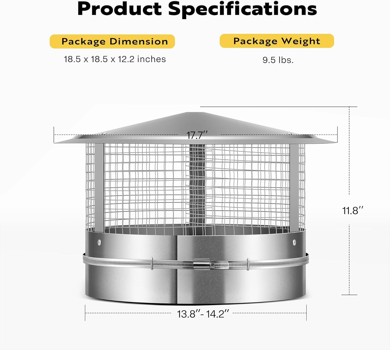 SPECSTAR 14" Cone Top Chimney Cap with Screen, Round Roof Rain Chimney Cover, Galvanized Steel Fireplace Exhaust Cap, Adjustable Roof Cap for Vent