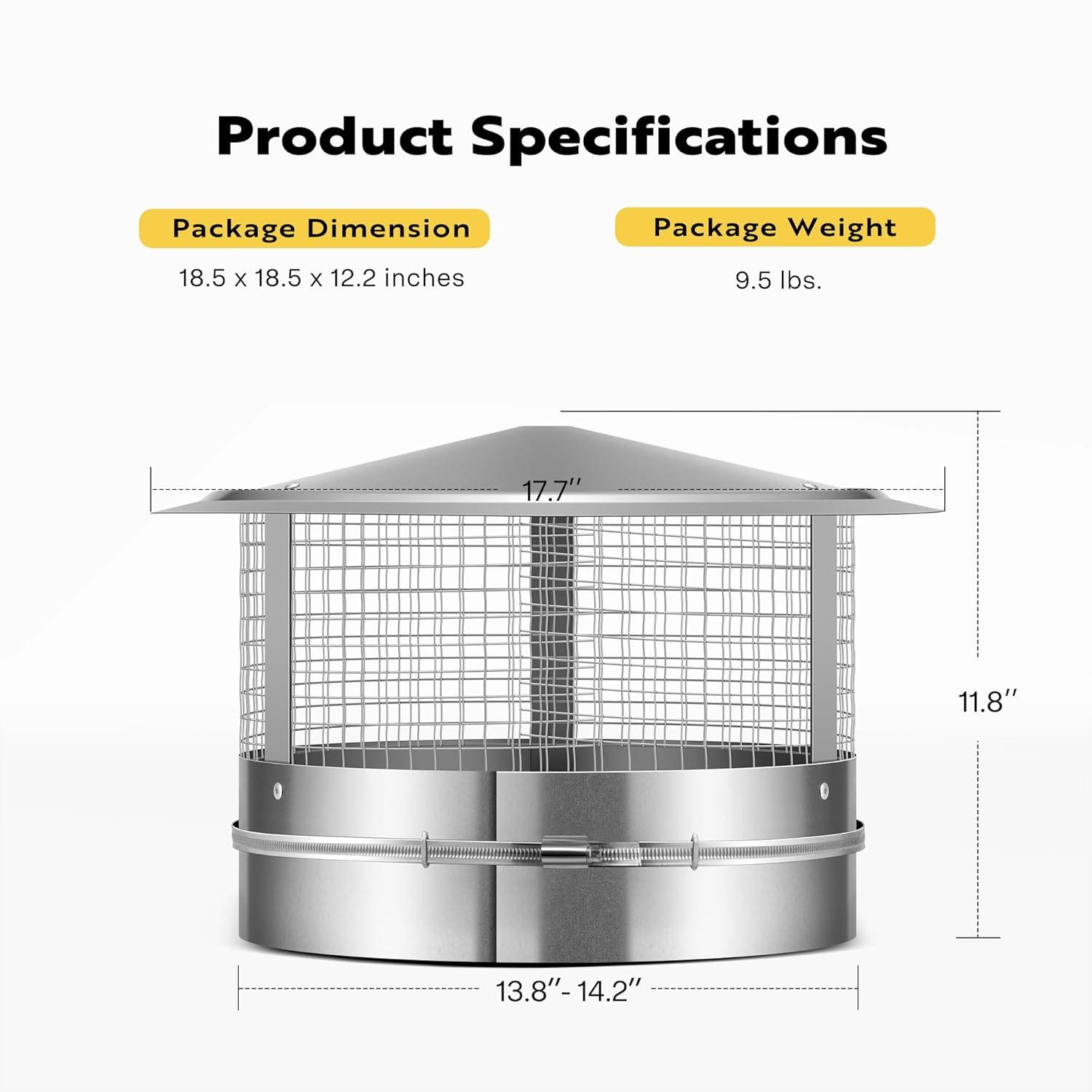 SPECSTAR 14" Cone Top Chimney Cap with Screen, Round Roof Rain Chimney Cover, Galvanized Steel Fireplace Exhaust Cap, Adjustable Roof Cap for Vent
