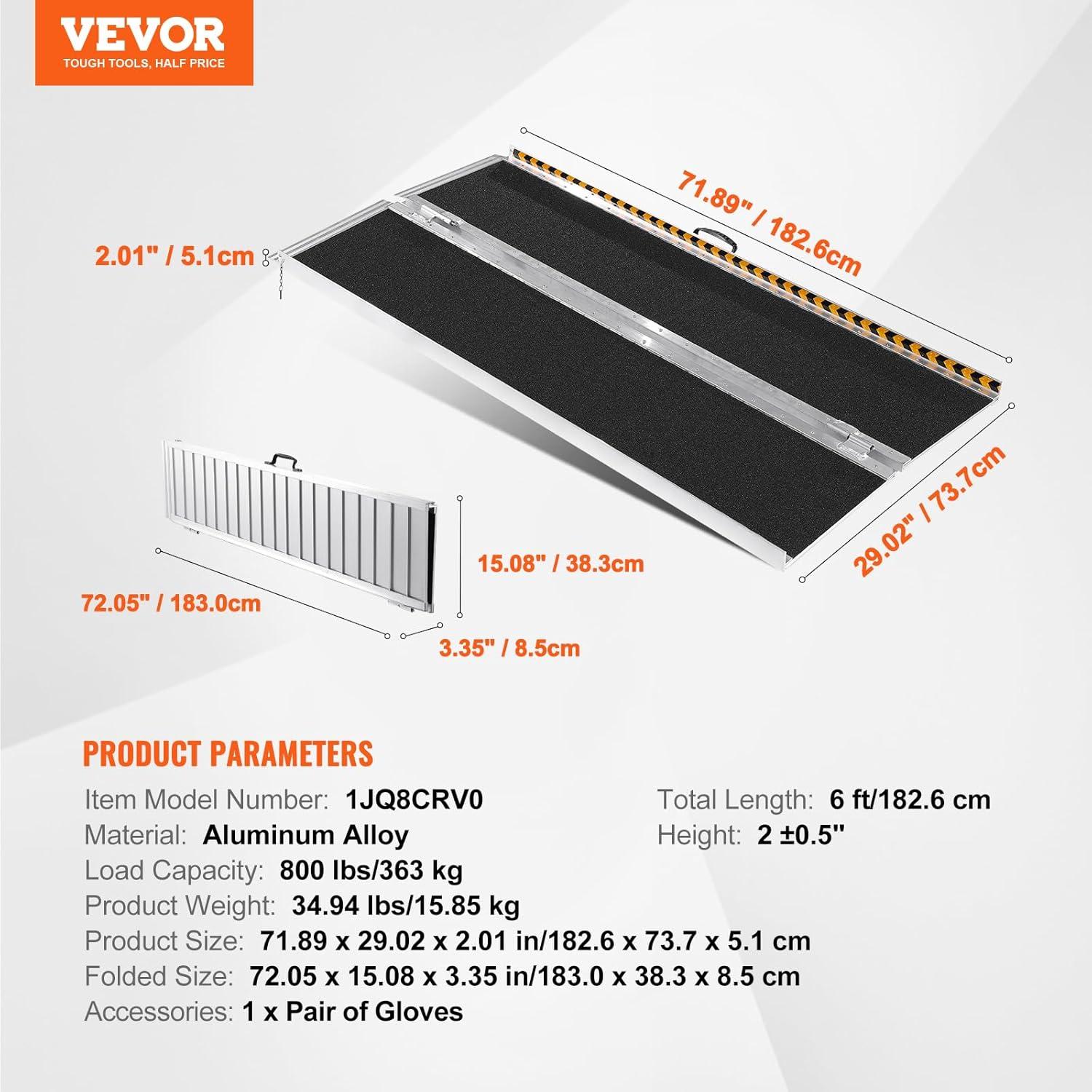 VEVOR Portable Wheelchair Ramp - 6 ft, 800 lbs Capacity, Non-Slip Aluminum, Folding Threshold Design, Suitable for Mobility Scooters, Home Steps, Stairs, Doorways, Curbs