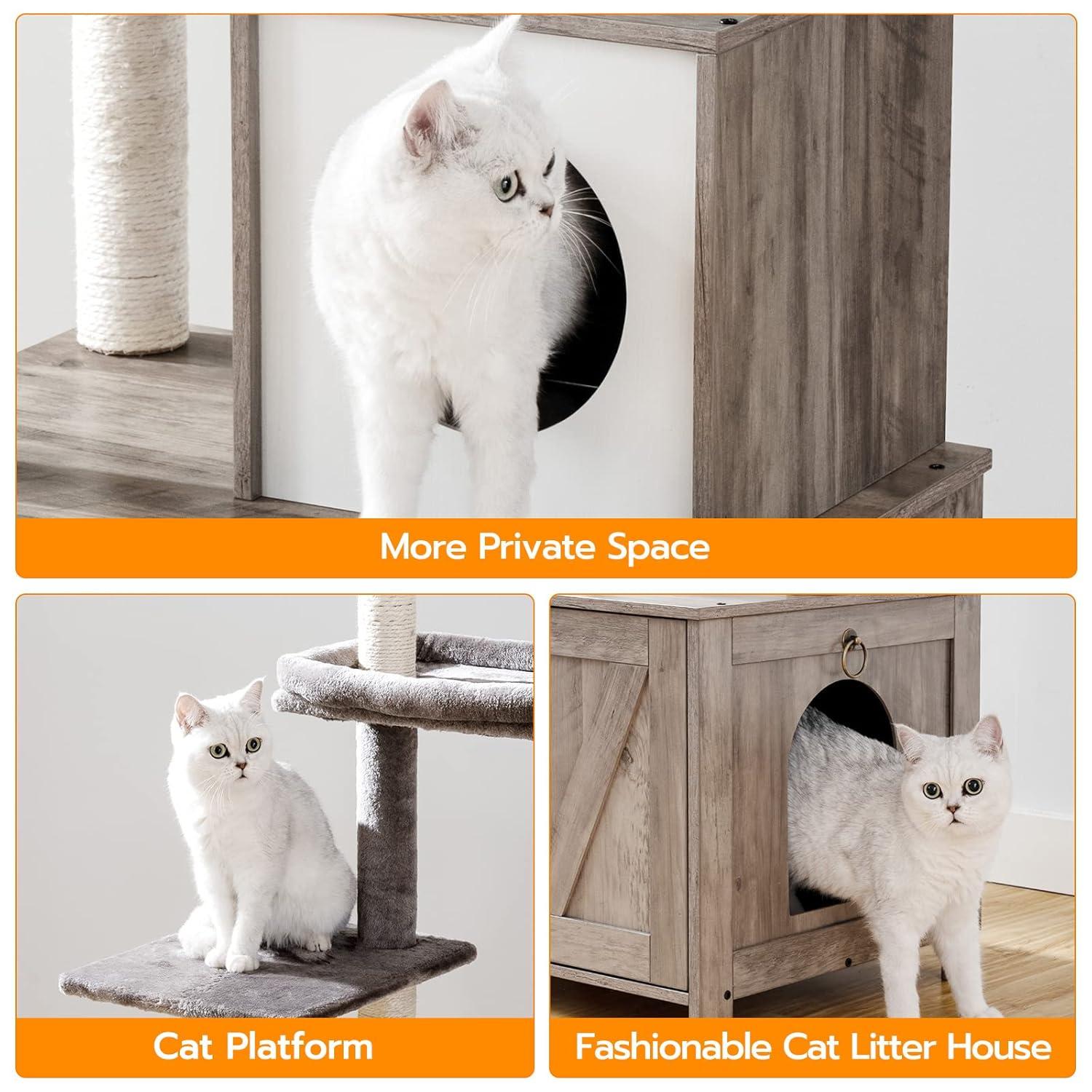 Litter Box Enclosure with Cat Tree, 2-in-1 Cat Tree Tower, Hidden Cat Litter Box Furniture with Scratching Post, Modern Cat Condo, Grey