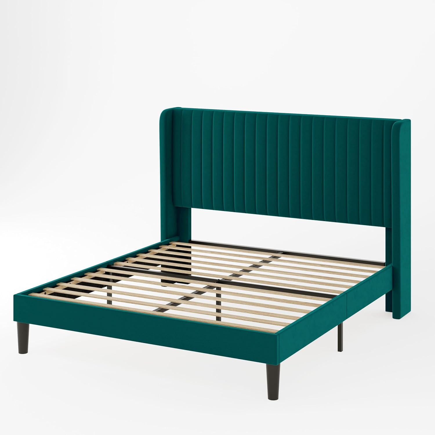 Candler Velvet Upholstered Platform Bed with Wingback Headboard and Wooden Slats
