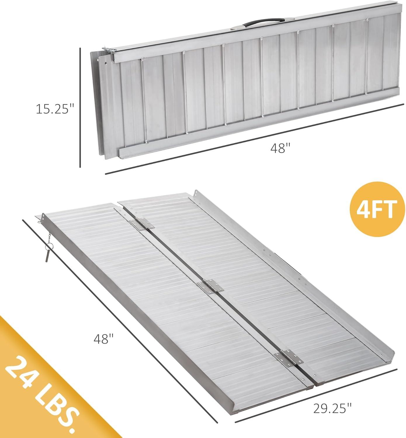 HOMCOM Textured Aluminum Portable Wheelchair Ramp for Home, Steps, Doorways, Foldable Handicap Ramp 4', Threshold Ramp with Durability for Strong Load-Bearing