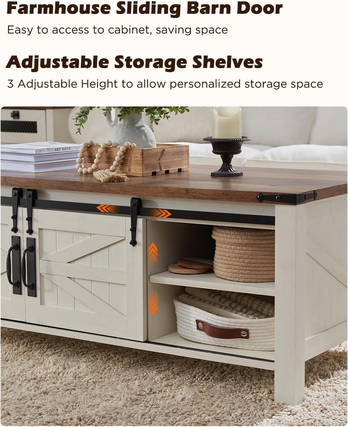OKD 48" Farmhouse Lift Top Coffee Table with Sliding Barn Door & Adjustable Shelf, Antique White