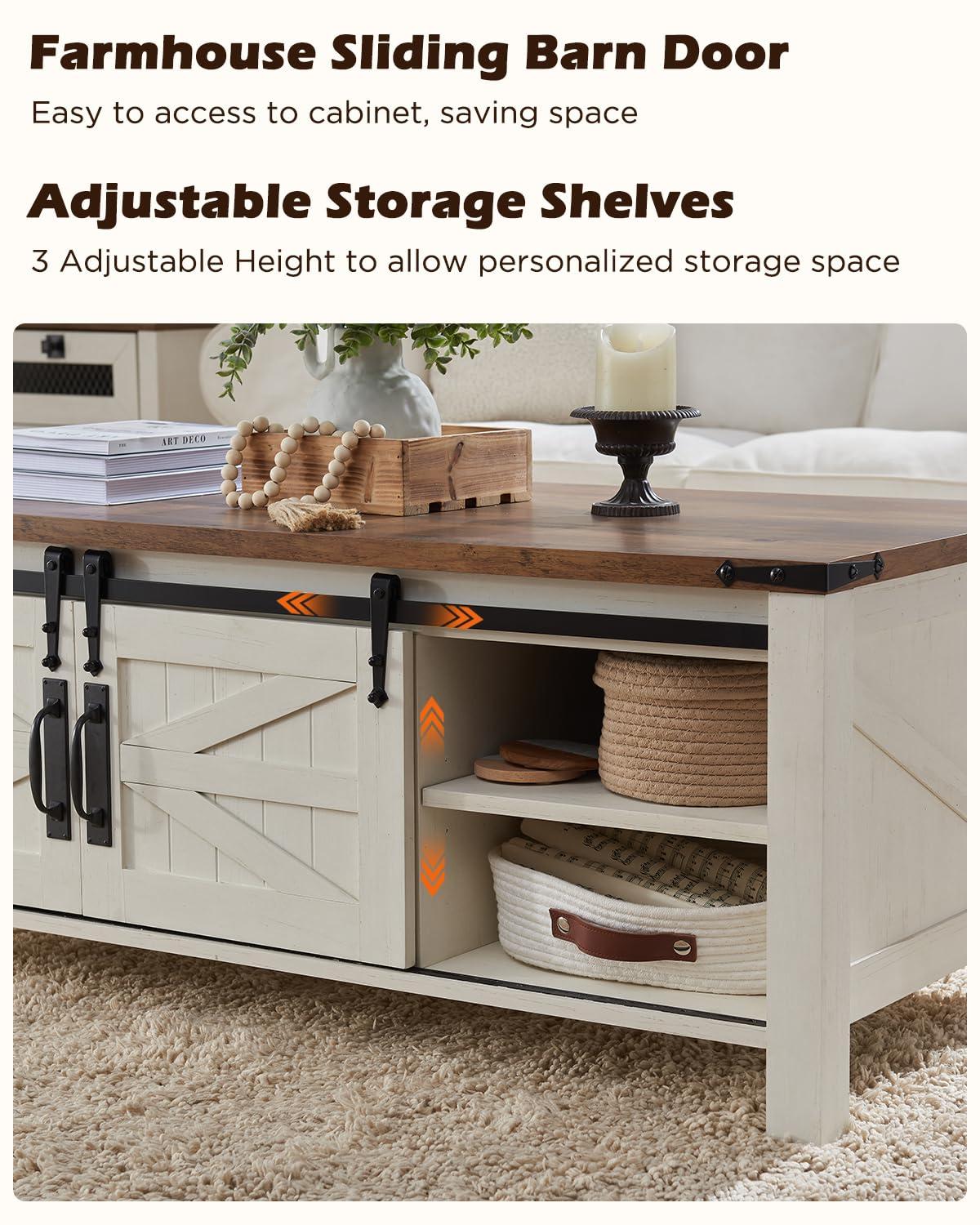 OKD Farmhouse Sturdy Coffee Table with Sliding Barn Doors and Storage Shelves for Living Room, Den, Family Room, or Office, Reclaimed Barnwood