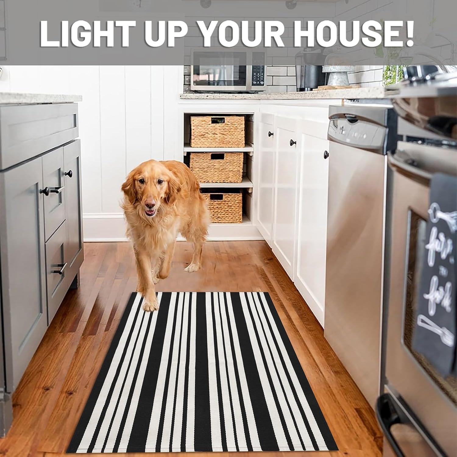 IOHOUZE Navy and White Striped Rug 2'x3' Front Door Rugs, Small Washable Area Rug for Front Porch, Spring Summer Doormats Outdoor Indoor, Cotton Rugs for Entryway Porch Entrance