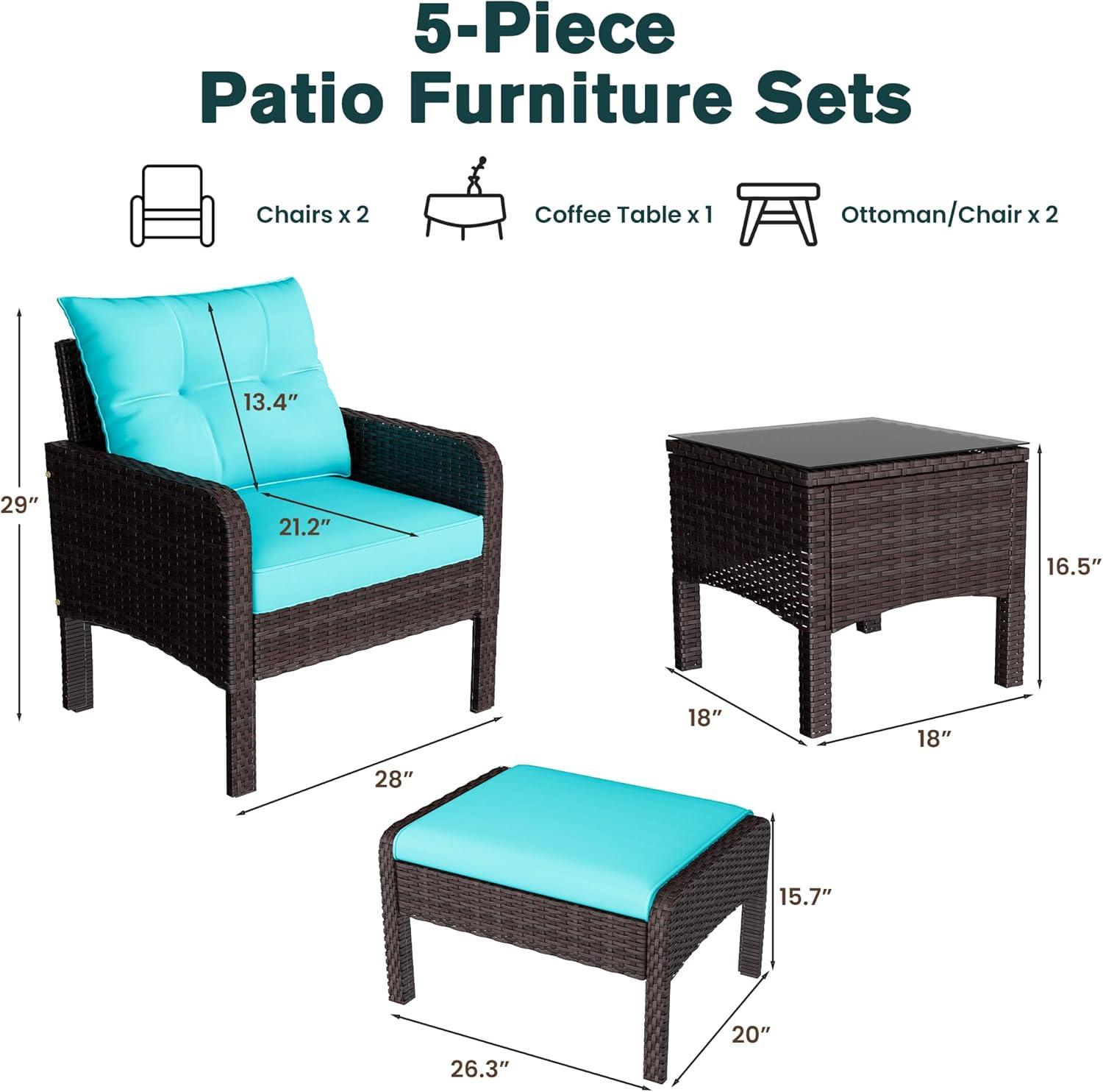 Spaco 5 Pieces Patio Rattan Sofa Ottoman Furniture Set with Cushions, Conversation Set with 2 Single Chairs, 2 Ottomans and A Side Table, Ottoman Furniture Set for Outdoor, Turquoise
