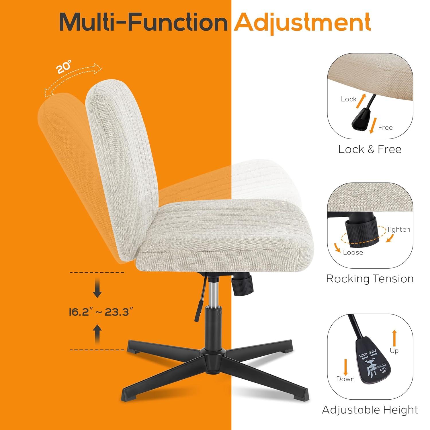 MYPOWR Criss Cross Chair Legged Office Wide Comfy Desk Seat, No Wheels Armless Computer Task Seating, Swivel Vanity Home Height Adjustable