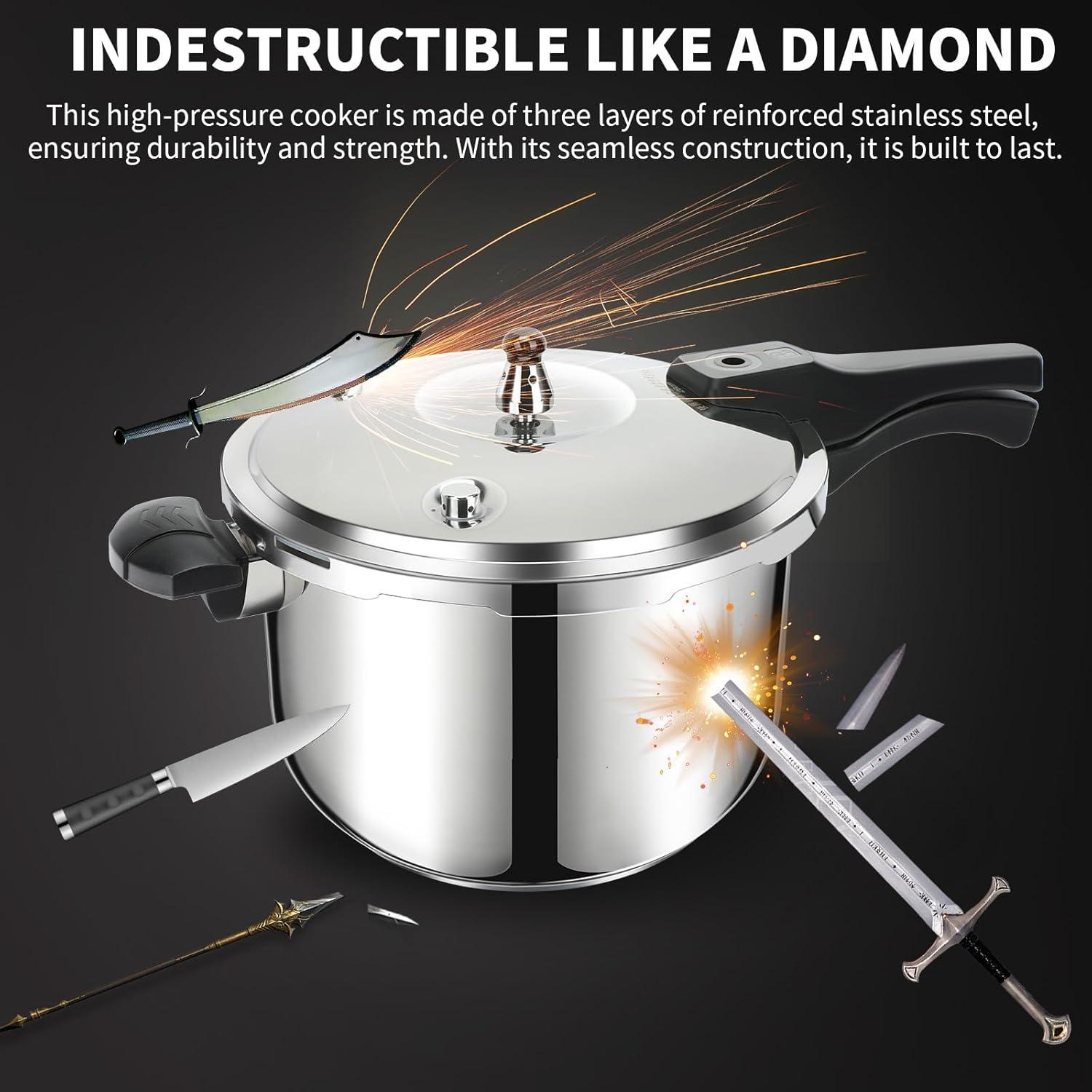 Stainless Steel Pressure Cooker, Peterboo 4 Quart Induction Compatible Thickened Pressure Cooker with Spring Valve Safeguard Devices, Compatible with Gas & Induction Cooker 2-3 Members Use