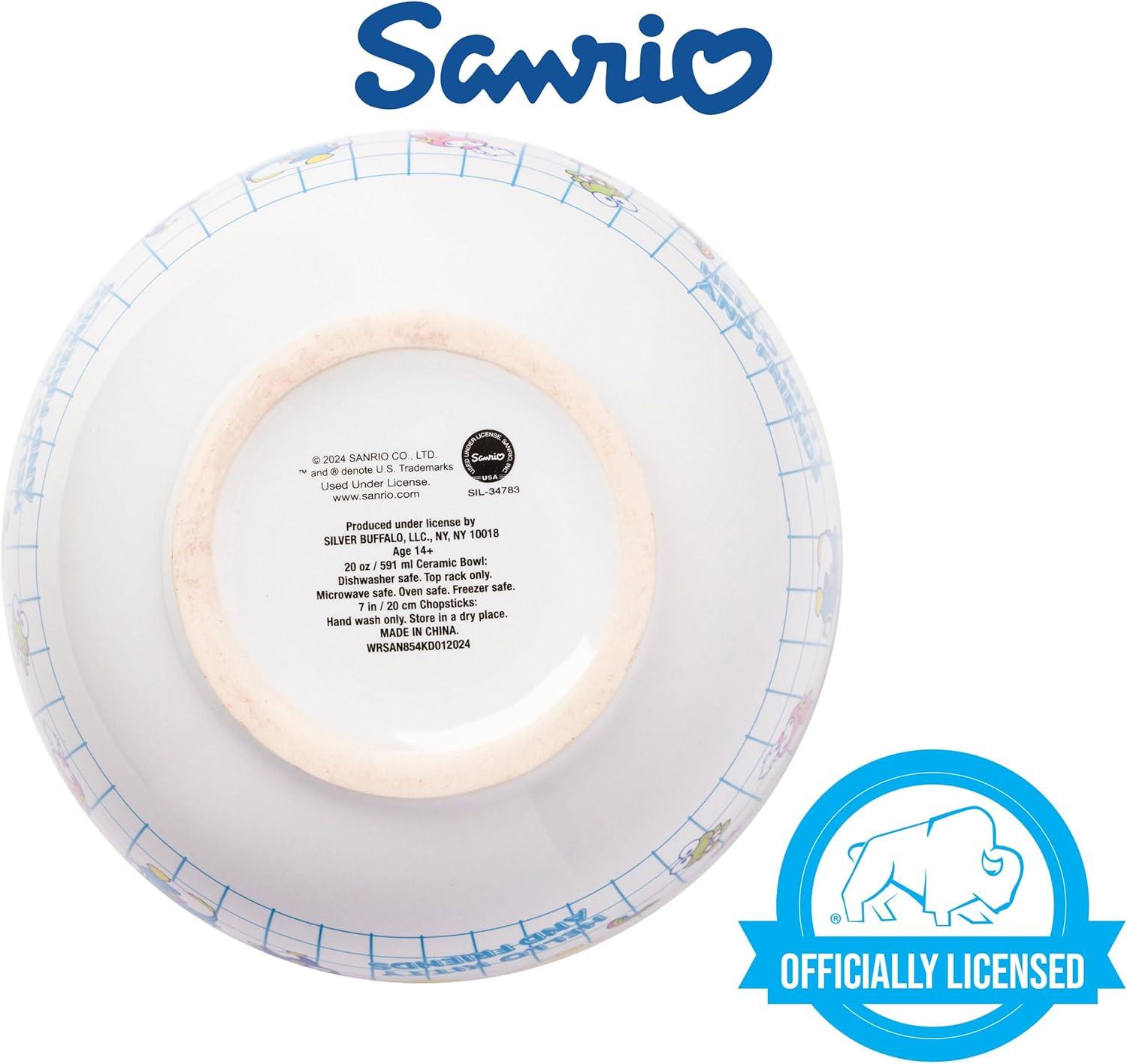 Silver Buffalo Hello Kitty and Friends Kuromi, Keroppi, Chococat, My Melody, Tuxedo Sam, Badtz-Maru, Tuxedo Sam, Pompompurin, Cinnamoroll Ceramic Ramen Noodle Rice Bowl with Chopsticks, 20 Ounces