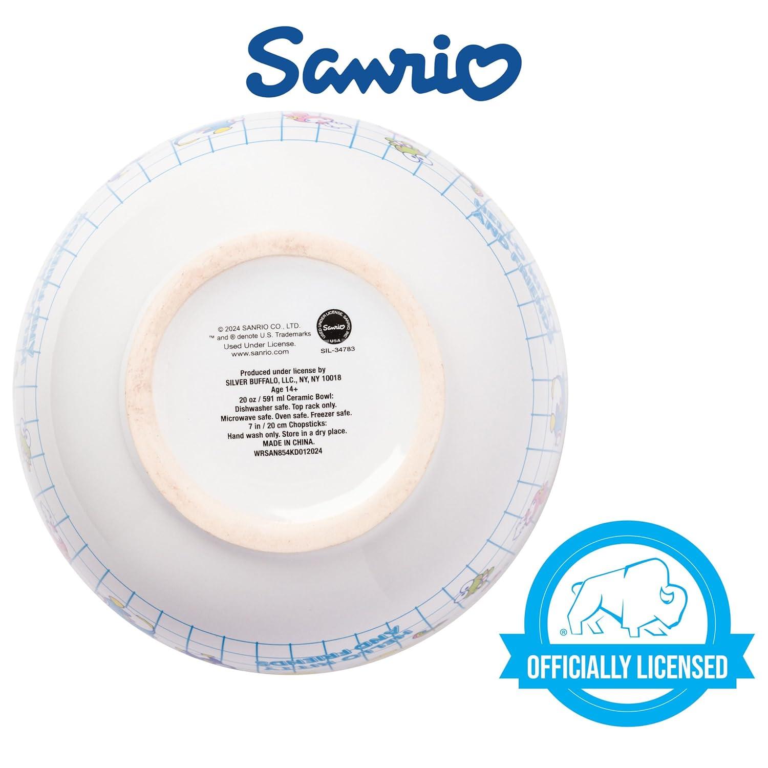 Silver Buffalo Hello Kitty and Friends Kuromi, Keroppi, Chococat, My Melody, Tuxedo Sam, Badtz-Maru, Tuxedo Sam, Pompompurin, Cinnamoroll Ceramic Ramen Noodle Rice Bowl with Chopsticks, 20 Ounces