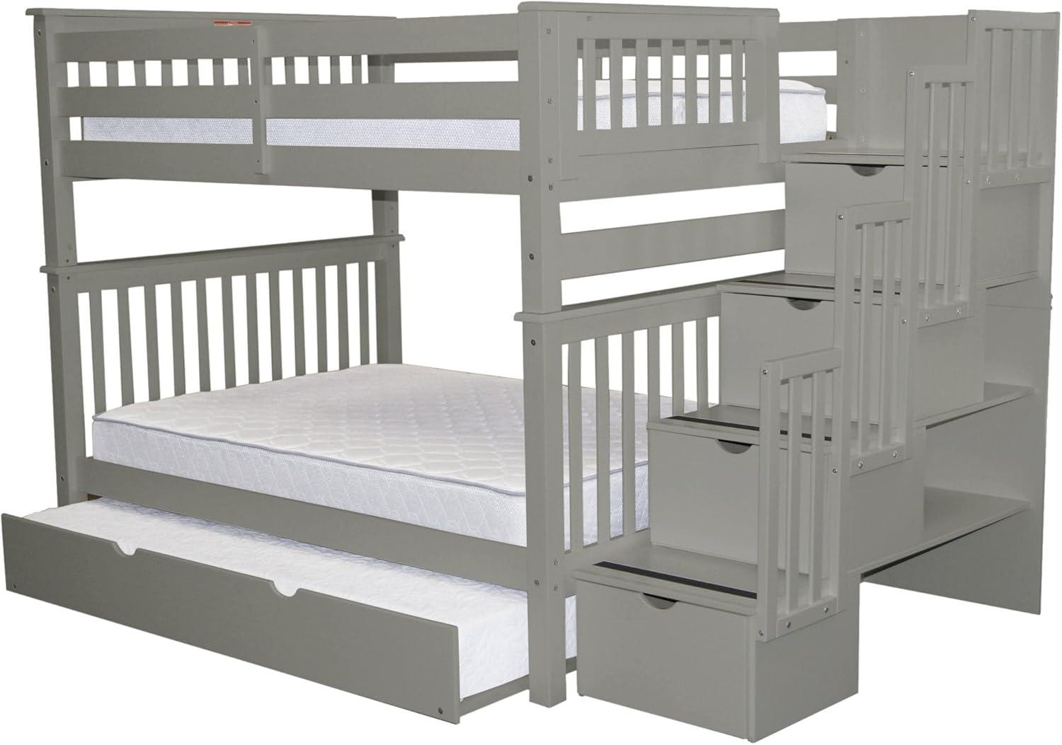 Bedz King Stairway Bunk Beds Full over Full with 4 Drawers in the Steps and a Full Trundle, Gray