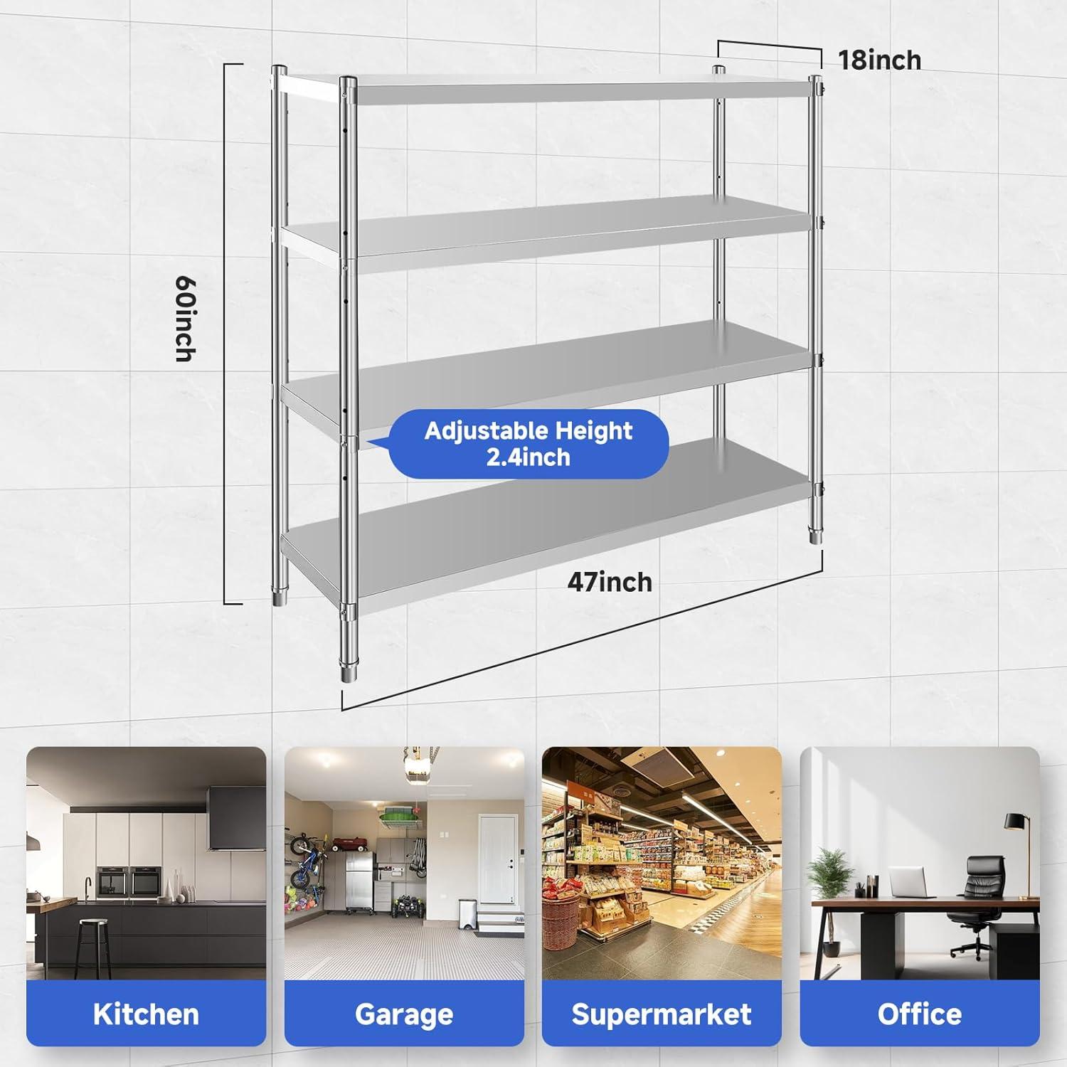 Ataucjin Stainless Steel Shelves,Storage Shelf 4-Tier Heavy Duty Adjustable Shelf Unit,Storage Rack Shelving Capacity Shelf Unit for Kitchen Garage Office Restaurant Warehouse,330lb Per Shelf