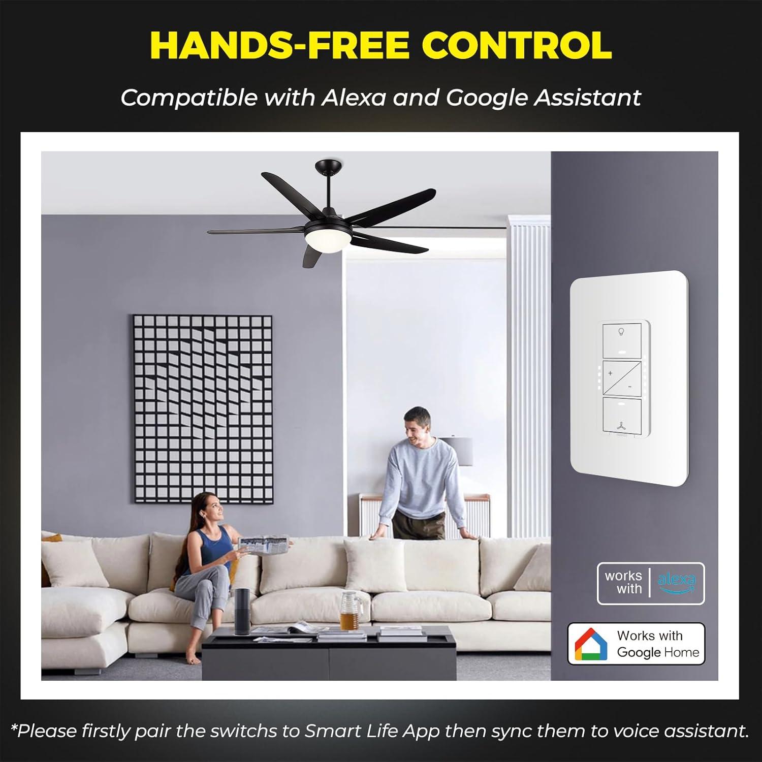 Smart Ceiling Fan Control and Light Dimmer Switch, Compatible with Alexa/Google Assistant/Smart Life, Neutral Wire Required, Single Pole Fan Light Switch, 2.4G Wi-Fi only, Timer, No Hub Required, 1PC