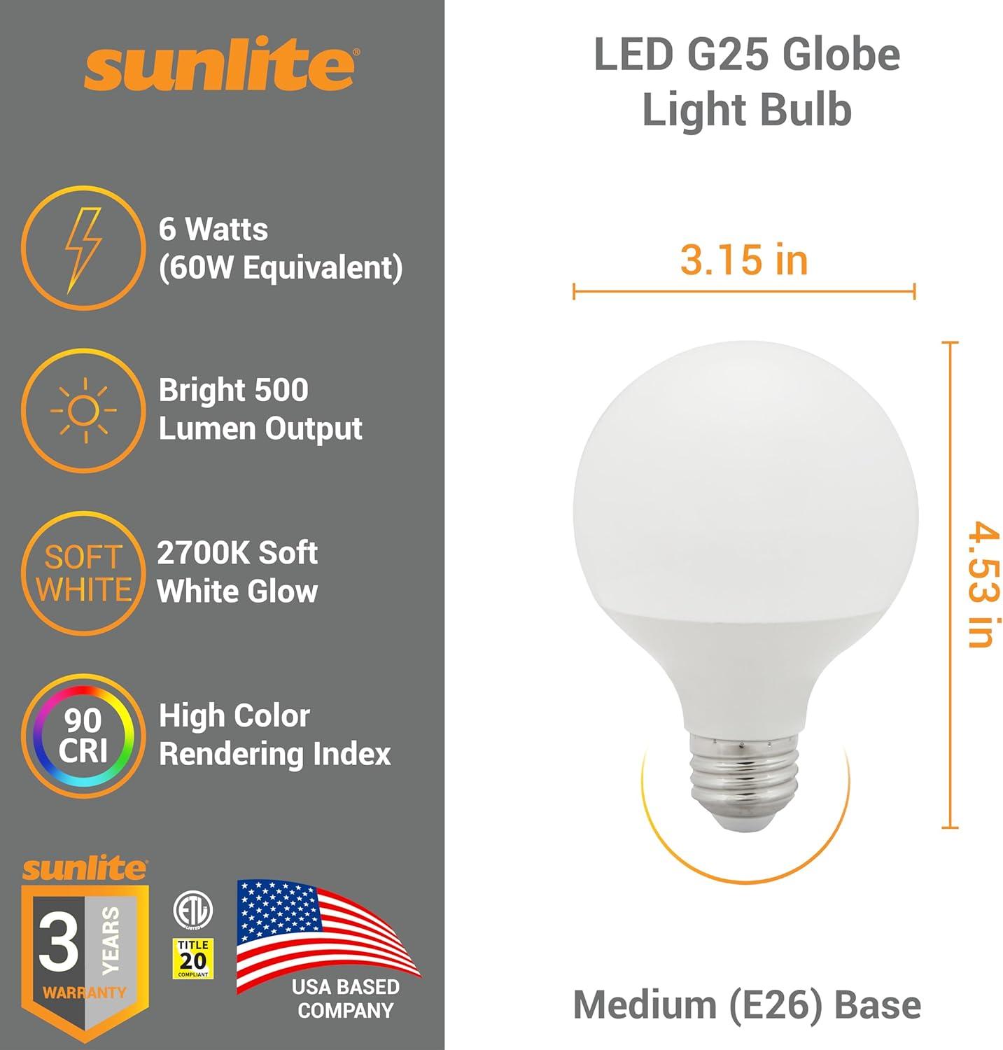 Sunlite LED G25 Globe Light Bulb, 6 Watts (60W Equivalent), Standard E26 Base, 520 Lumens, Dimmable, Frosted, 90 CRI, 5000K Daylight, 6 Pack