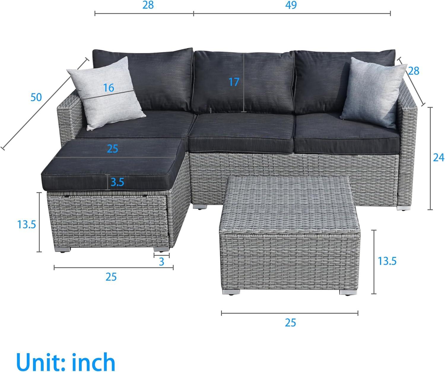 SUNTONE Patio Conversation Sofa Set - 3 Piece All Weather Wicker Outdoor Furniture Set, Gray Rattan & Black Cushions