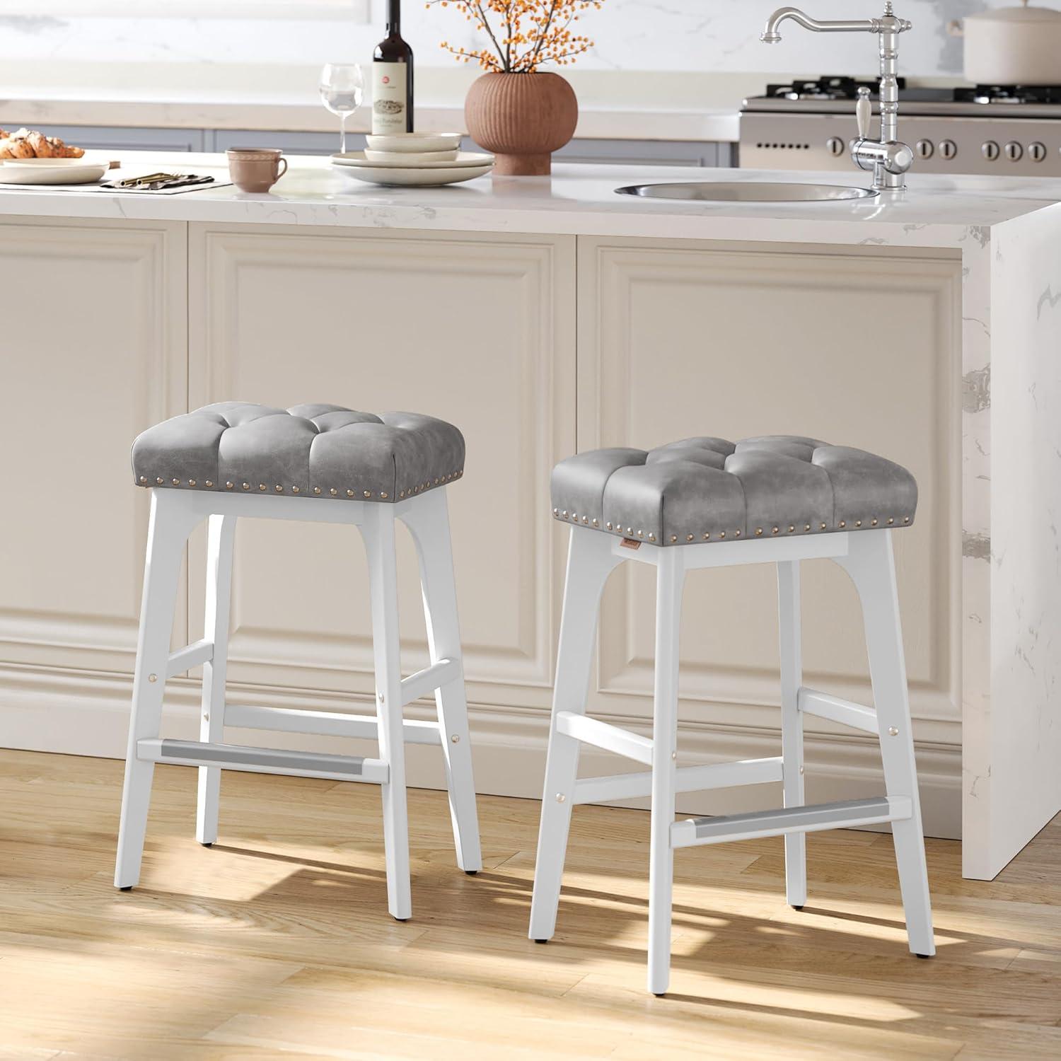 Killeryuki Bar Stools Set of 2, Counter Height Bar Stools, 26-Inch Kitchen Counter Stools with Wooden Legs, PU Leather Barstools Upholstered Stools for Kitchen Island Dining Room, Gray ULBC085G01