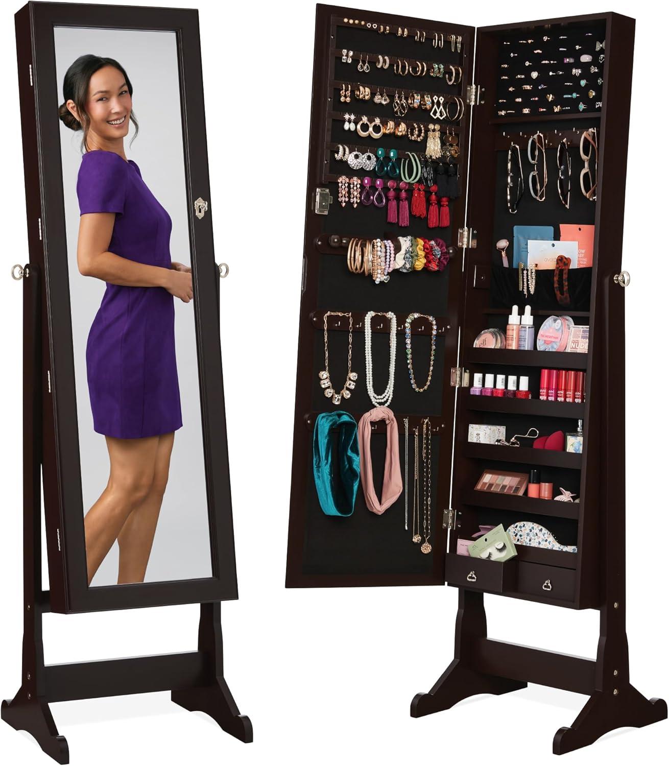 Best Choice Products Jewelry Armoire Cabinet, Full Length Mirror w/ Velvet Storage Interior, Lock - Espresso