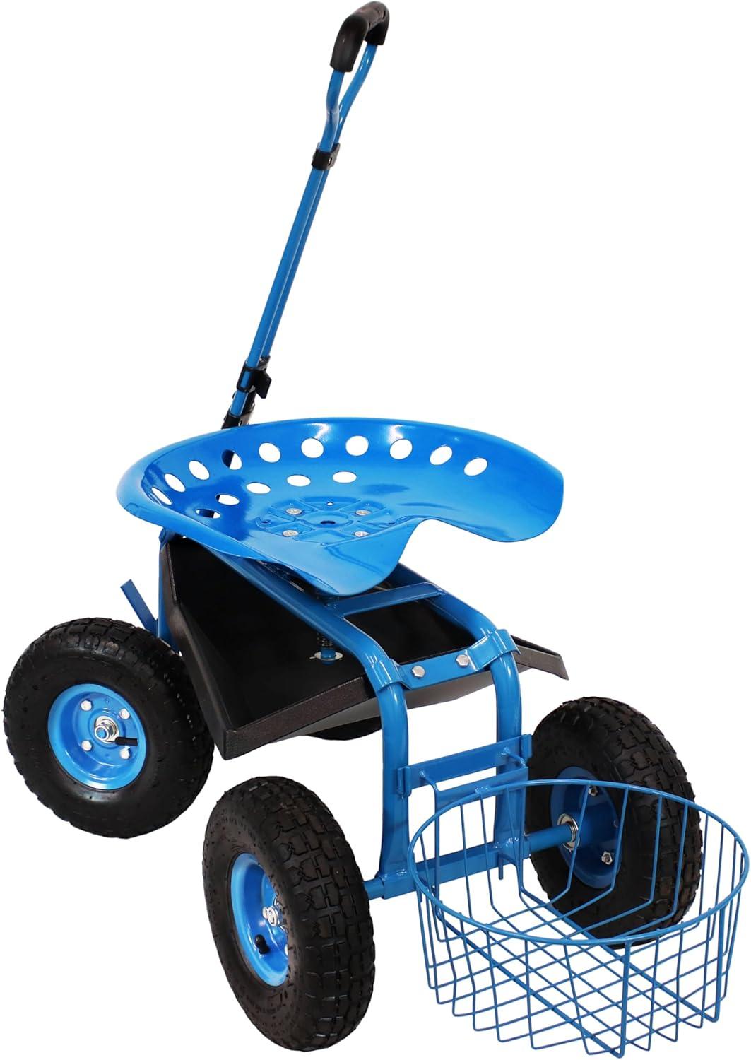 Sunnydaze Outdoor Heavy-Duty Steel Rolling Gardening Cart with Extendable Steer Handle, Swivel Chair, Tool Tray, and Basket - Blue