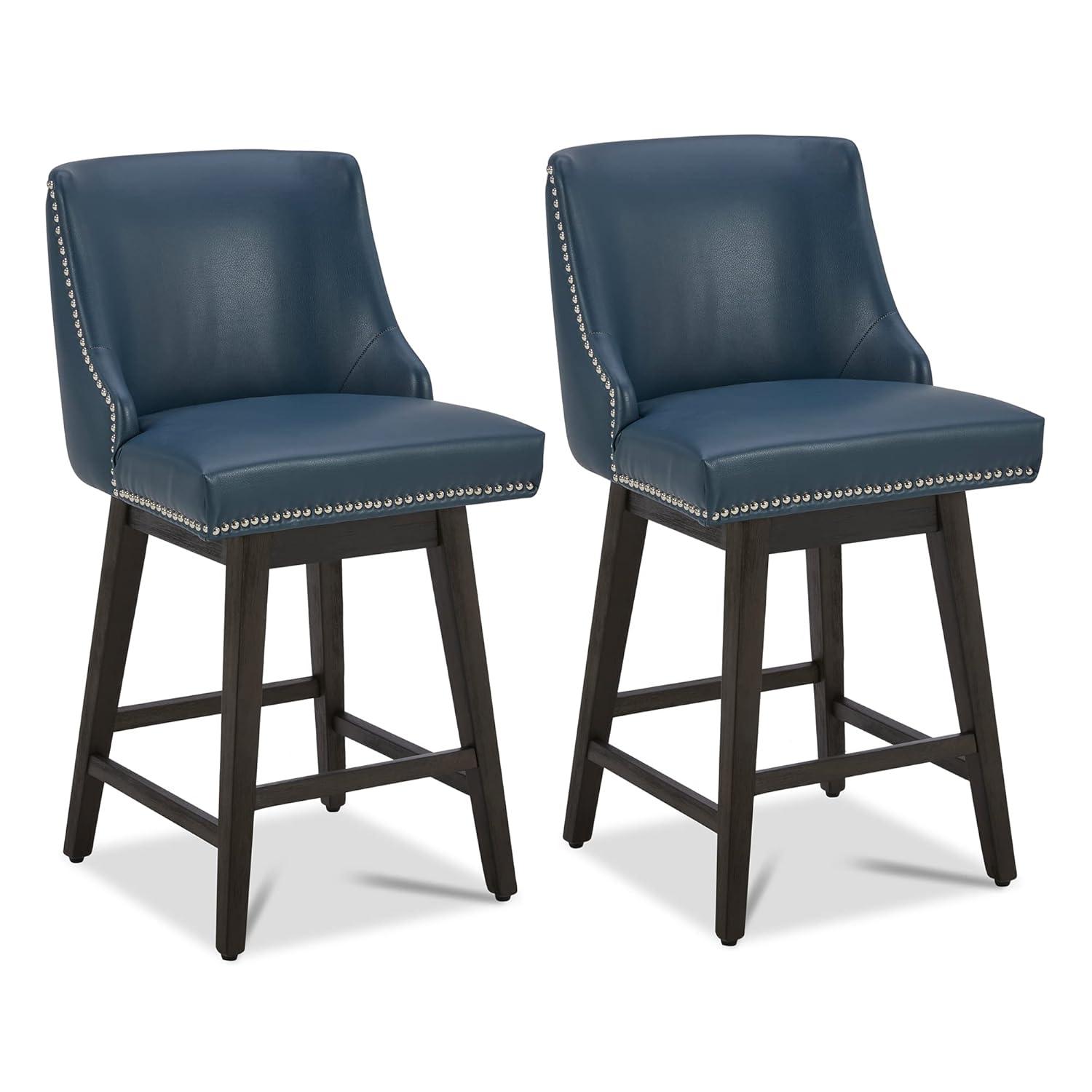 Swivel Bar Stools Set of 2 with Thicker Wood Legs,26" Counter Height Bar Stools,Faux Leather,Blue