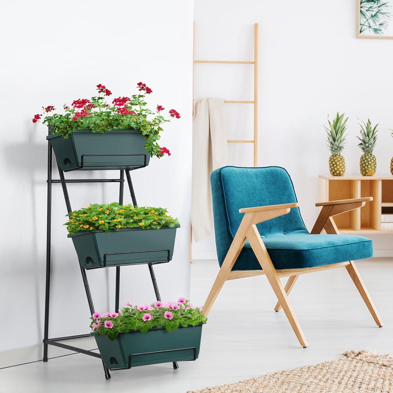 Raised Garden Bed 3 Tier Vertical Garden Planter Standing Garden Bed Planter Box Outdoor Herb Planter with Drainage Holes Removable Tray for Patio Balcony Porch Green C49