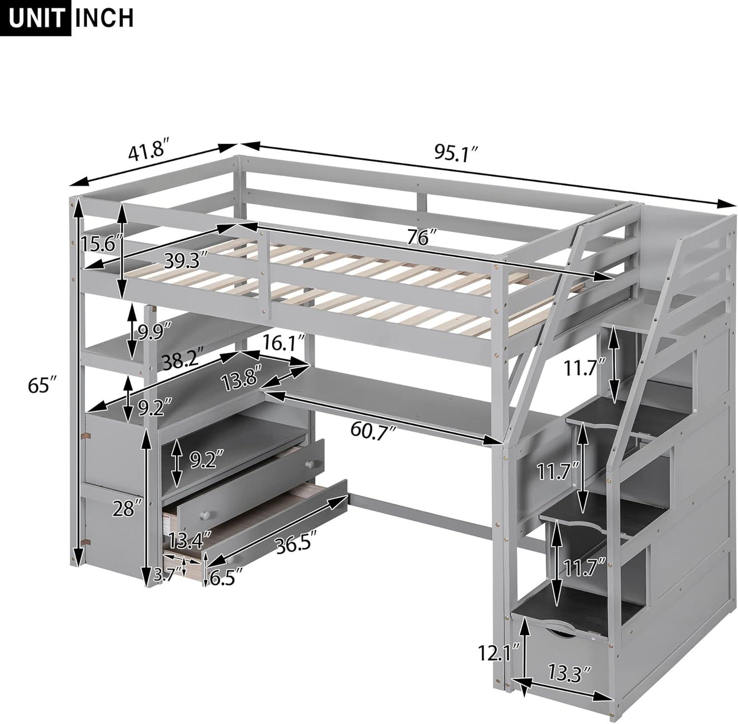 Stairway Twin Size Loft Bed with L Shape Desk, Shelves, Two Tier Drawers and Storage Staircase, Gray