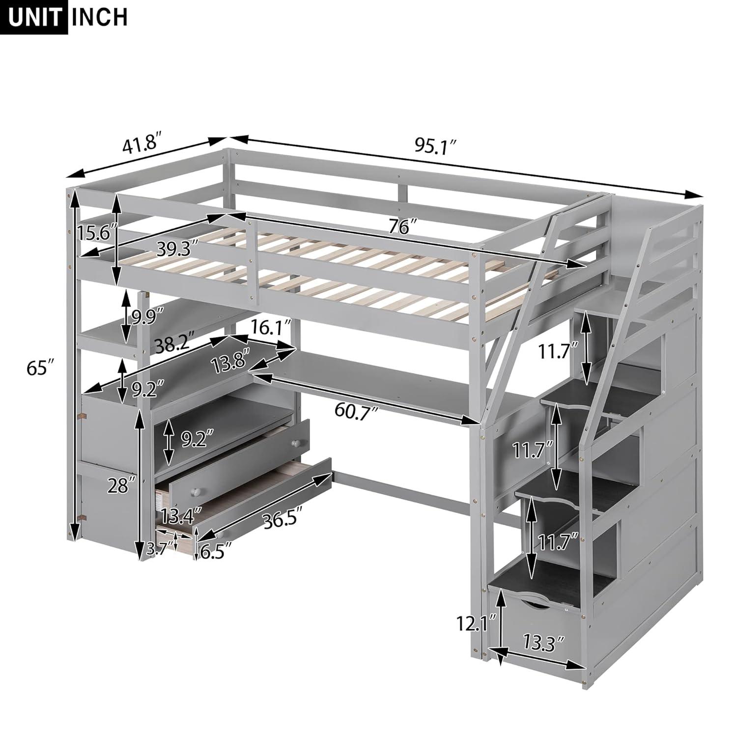 Stairway Twin Size Loft Bed with L Shape Desk, Shelves, Two Tier Drawers and Storage Staircase, Gray
