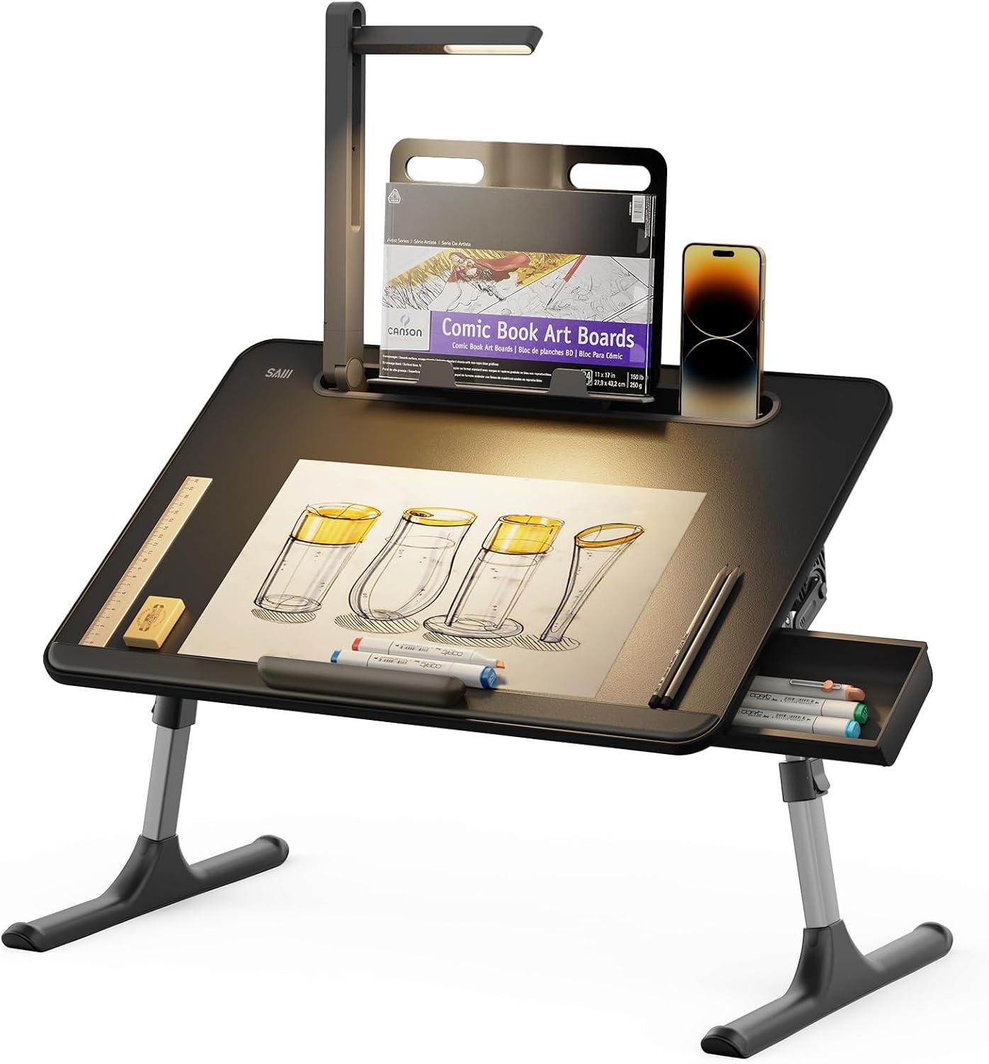 Laptop Table with LED Desk Light, SAIJI Laptop Stand for Bed, Height Adjustments Bed Desk with Book Stand for Reading Writing Drawing (Black)