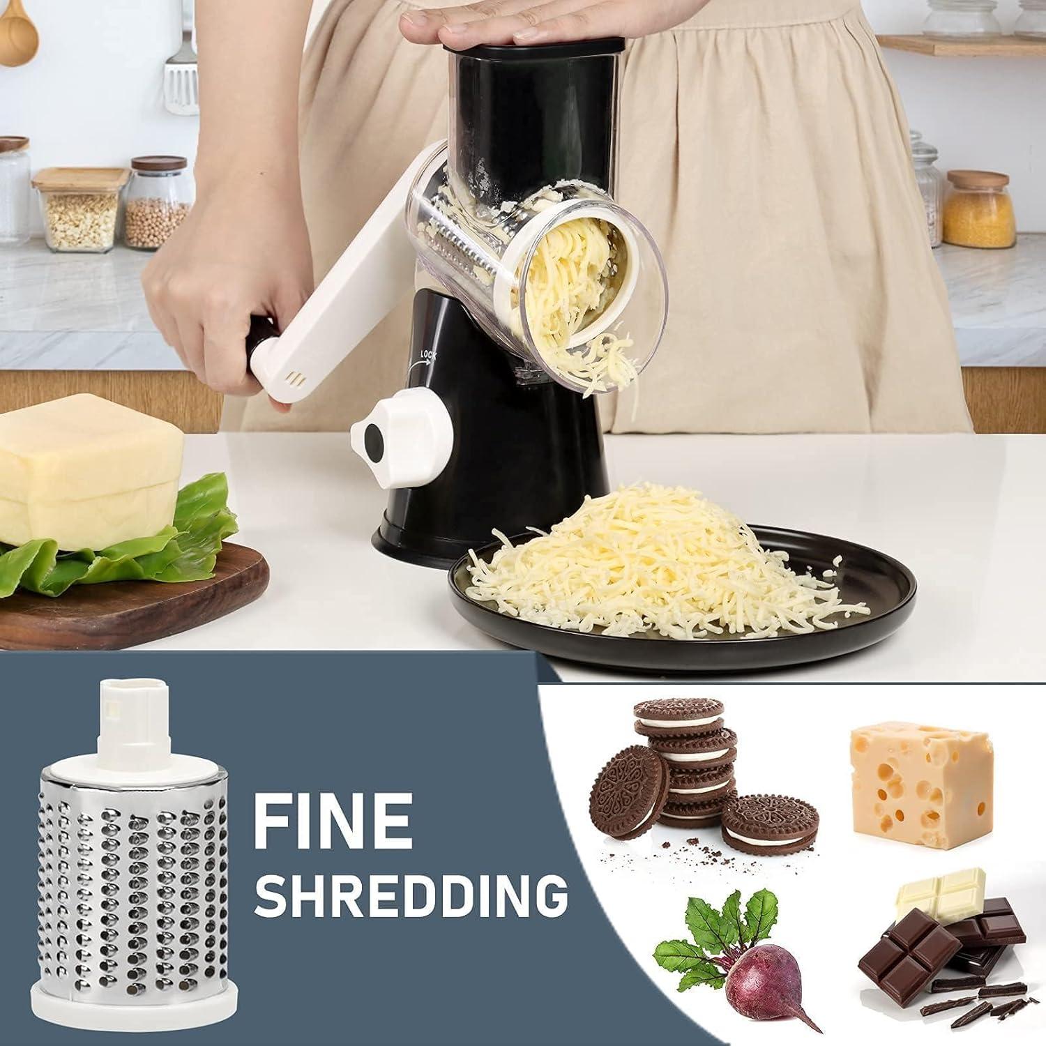 KEOUKE Rotary Cheese Grater with Handle - 3 Changeable Blades for Cheese, Vegetables, Nuts - Black